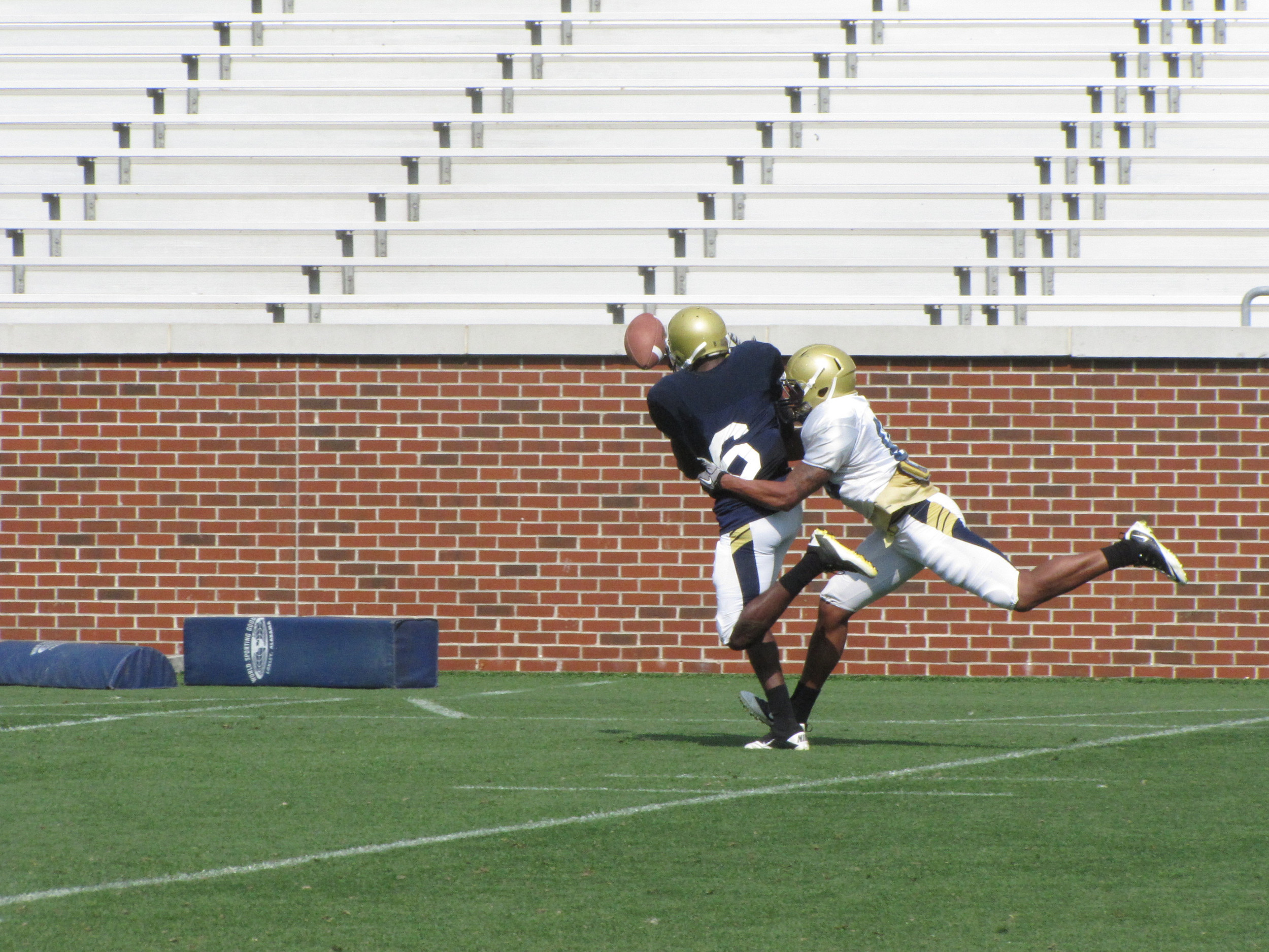 Rod Sweeting brakes up pass - The Georgia Tech Football team continued practice Monday, April 18