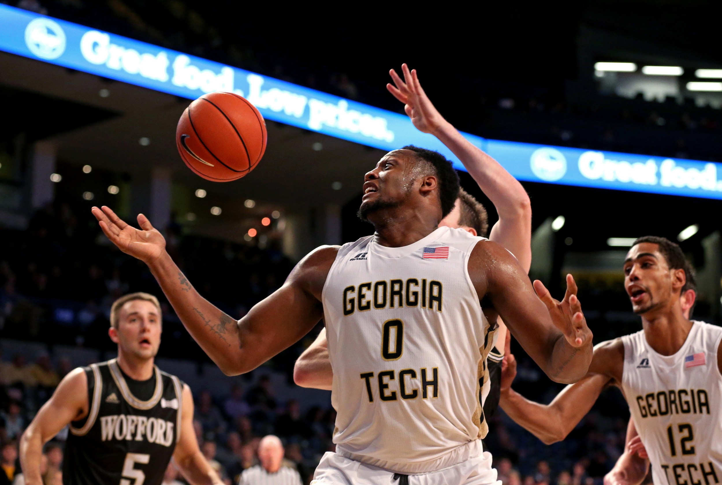 Dec 1, 2015; Atlanta, GA, USA; Georgia Tech Yellow Jackets forward Charles Mitchell (0) fights for a rebound in the second half of their game against the Wofford Terriers at McCamish Pavilion. The Yellow Jackets won 77-61. Mandatory Credit: Jason Getz-USA TODAY Sports