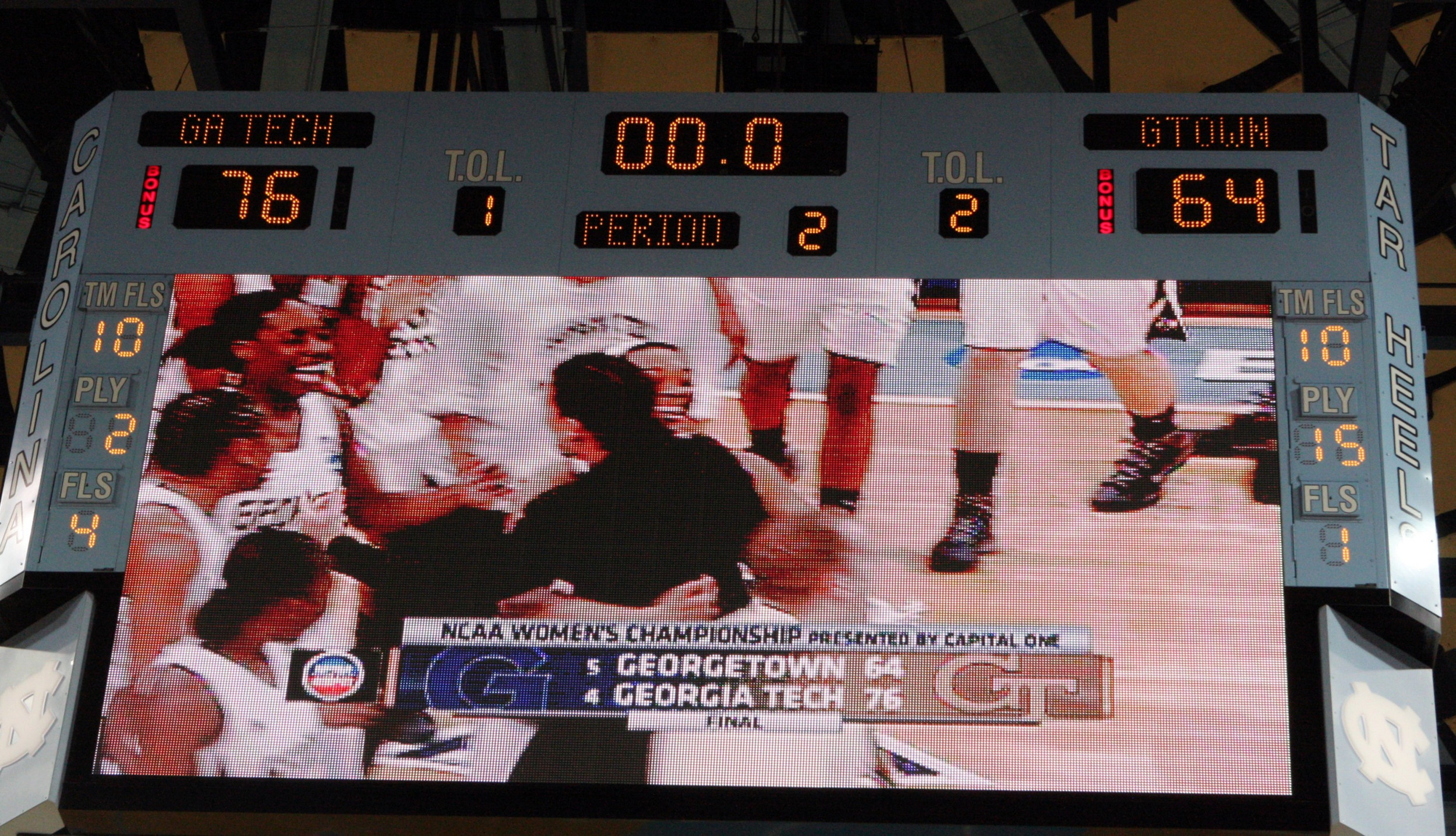 The Georgia Tech celebration after beating Georgetown to advance to the Yellow Jackets first Sweet 16 is shown on the video board at Carmichael Arena.