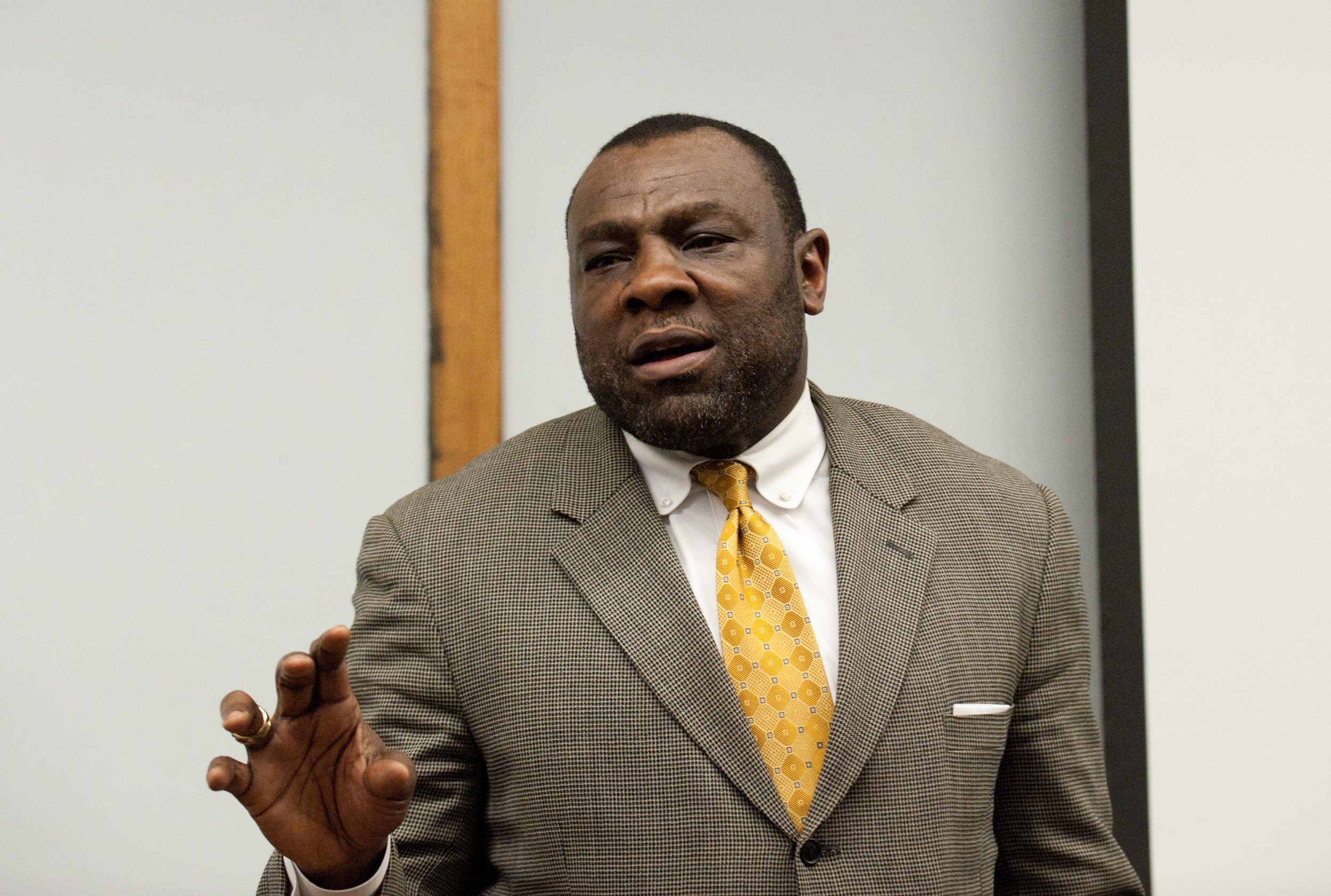 The Shades of Greatness art exhibit and panel discussion provided the campus with an opportunity to reflect on African American history and culture through the lens of sports. Panelists included representatives from the Georgia Tech faculty and the Georgia Tech Athletic Association. The discussion took place in the D.M. Smith building. Lucius Sanford is the executive director, Letterwinner Association, in the GT Athletic Association.
