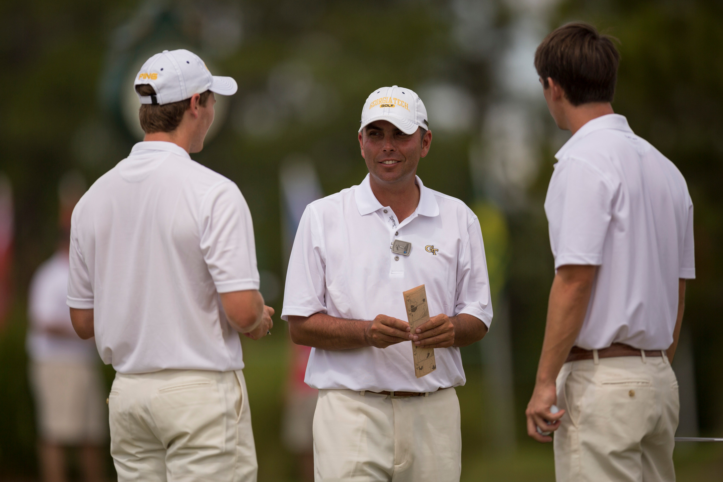 Associate head coach Brennan Webb talks to Vincent Whaley and Ollie Schniederjans prior to the fourth round of the NCAA Golf Championship, June 1, 2015, The Concession Golf Club, Bradenton, Fla.