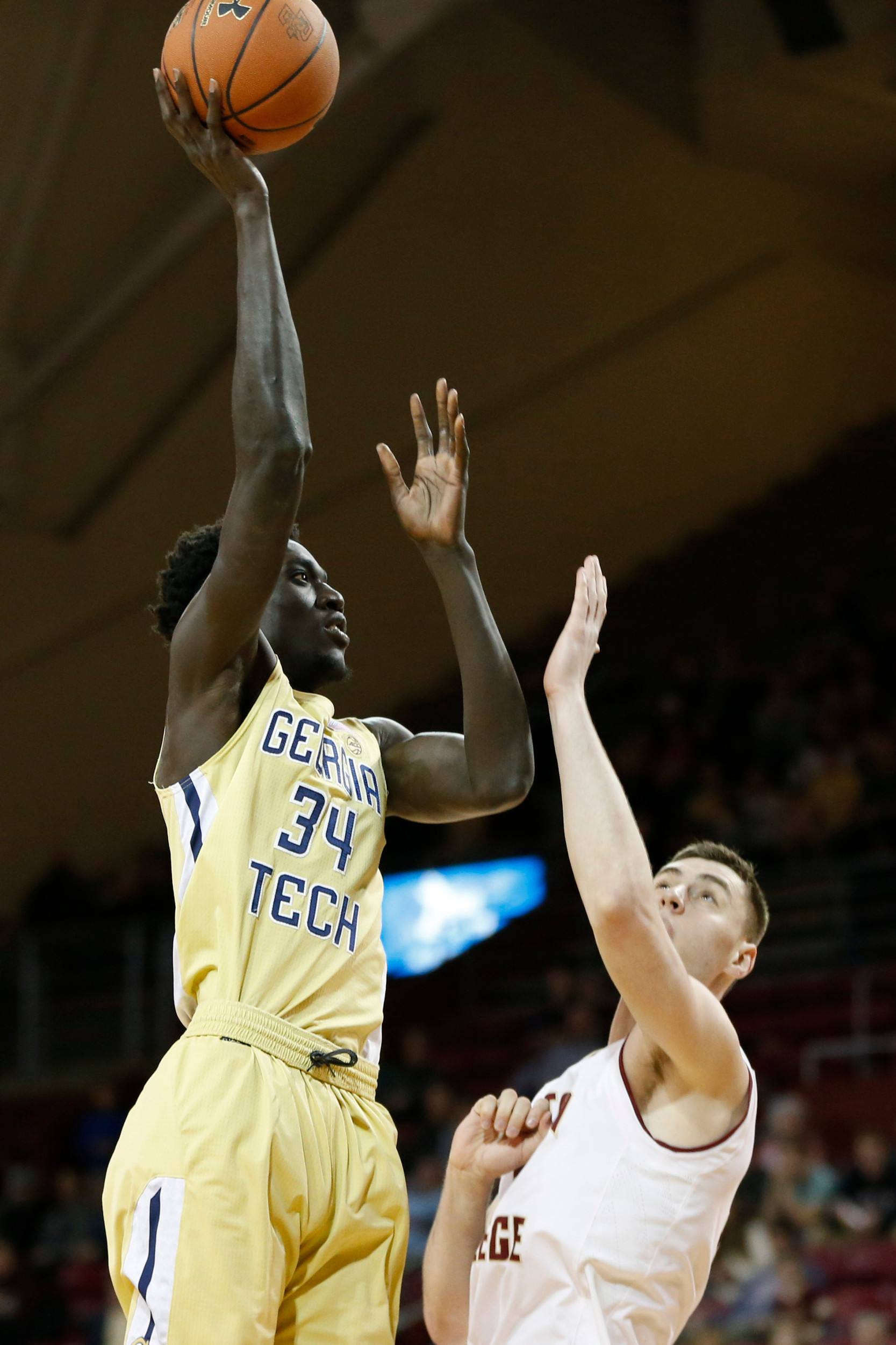 Feb 4, 2018; Chestnut Hill, MA, USA; Georgia Tech Yellow Jackets forward Abdoulaye Gueye (34) puts up a shot. Greg M. Cooper-USA TODAY Sports.