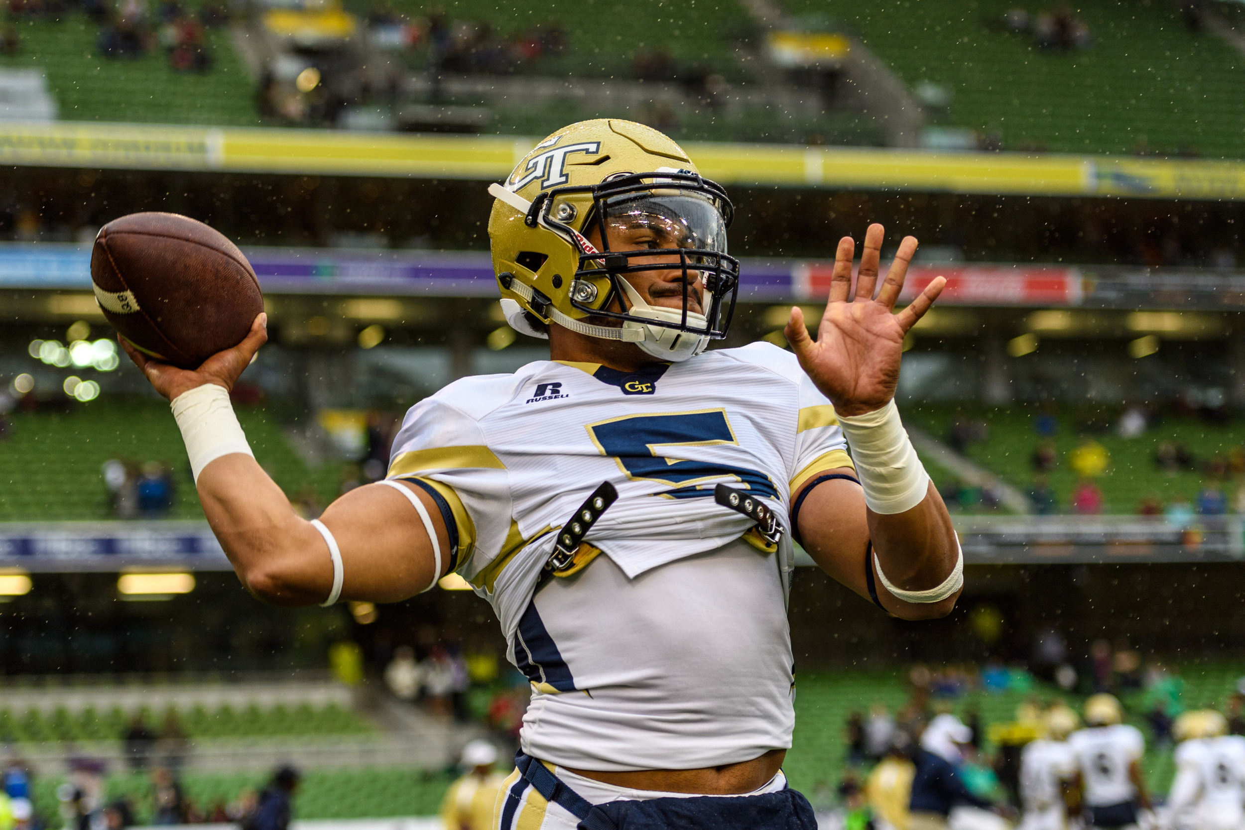 Georgia Tech Quarterback Justin Thomas (5) throws a practice pass before the first half of an NCAA football game, Saturday, Sept. 3, 2016, in Dublin, Ireland. (Danny Karnik/Georgia Tech via AP)
