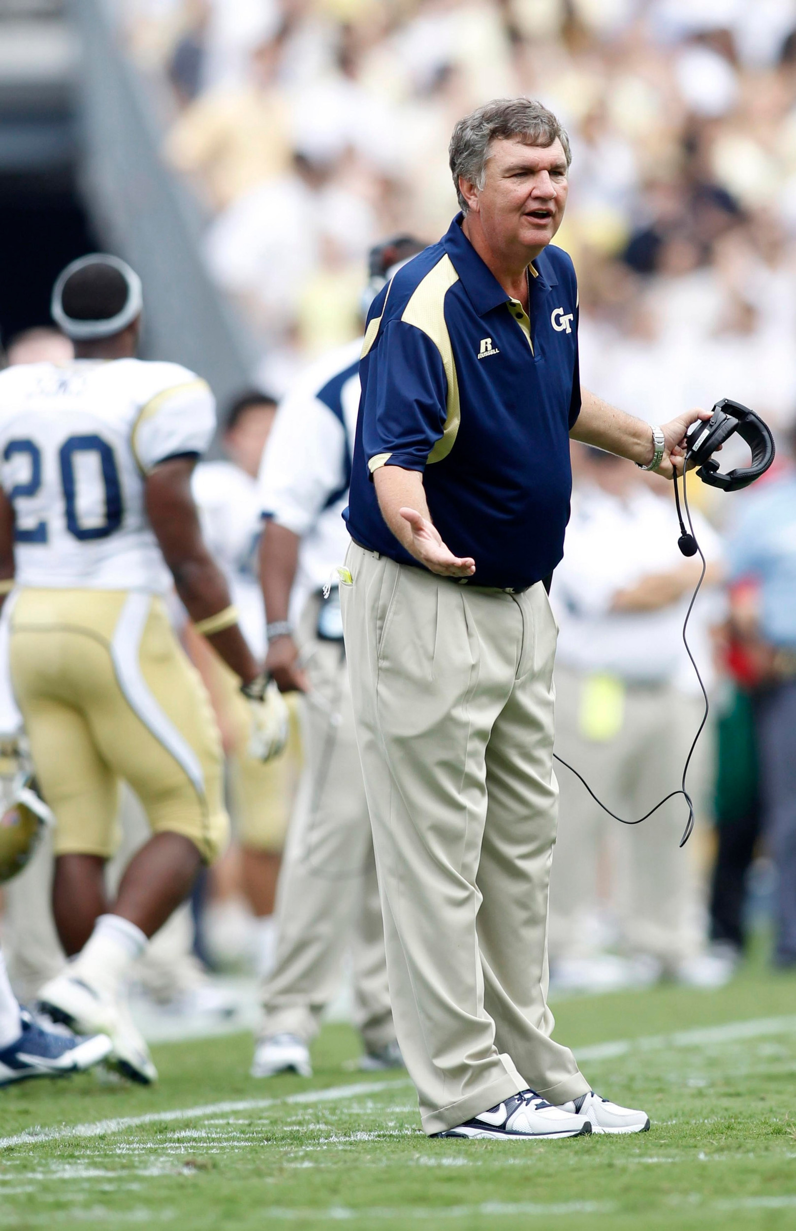 Aug 31, 2013; Atlanta, GA, USA; Georgia Tech Yellow Jackets head coach Paul Johnson yells at an official against the Elon Phoenix in the first quarter at Bobby Dodd Stadium. Mandatory Credit: Brett Davis-USA TODAY Sports