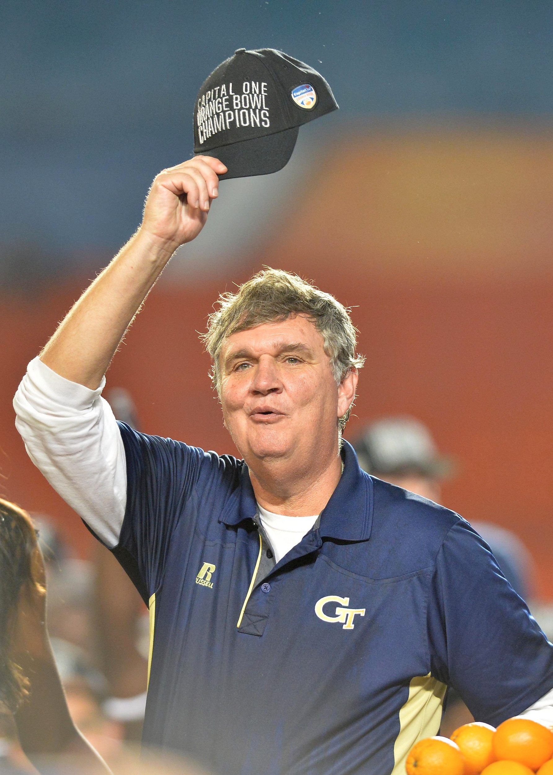 Dec 31, 2014; Miami Gardens, FL, USA; Georgia Tech Yellow Jackets head coach Paul Johnson tips his cap after defeating the Mississippi State Bulldogs in the 2014 Orange Bowl at Sun Life Stadium. Georgia Tech Yellow Jackets won 49-34. Mandatory Credit: Steve Mitchell-USA TODAY Sports