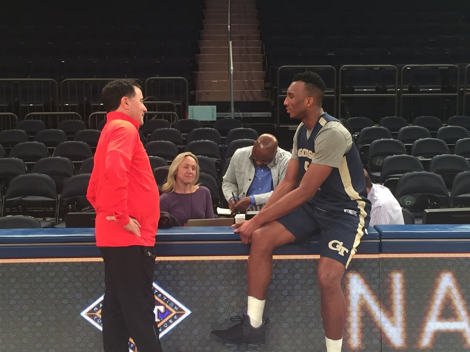 Josh Okogie chats after shootaround with ESPN talent.