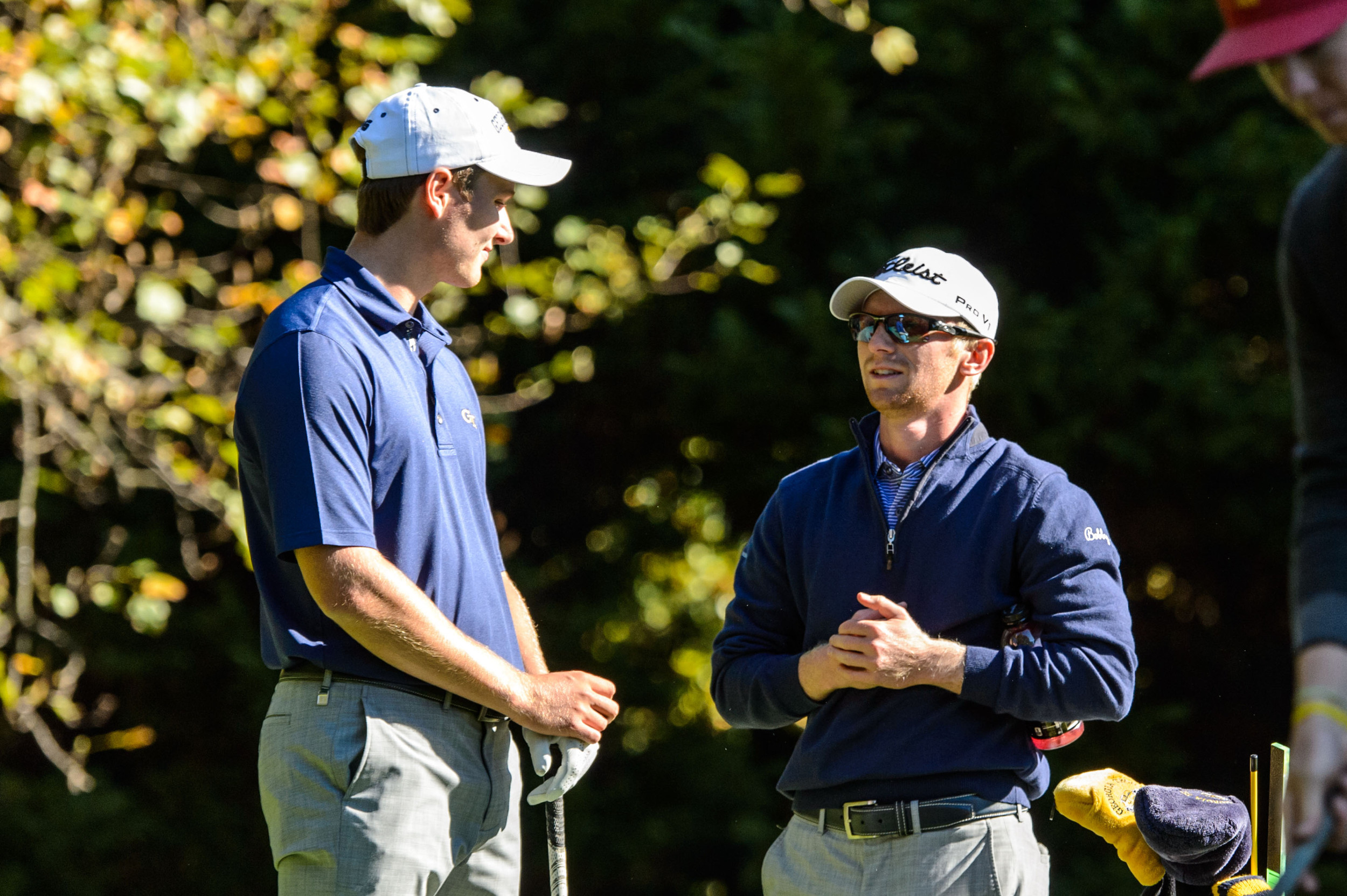 Vincent Whaley talks with former Georgia Tech golfer Anders Albertson during the final round of the United States Collegiate Championship at the Golf Club of Georgia, October 18, 2015