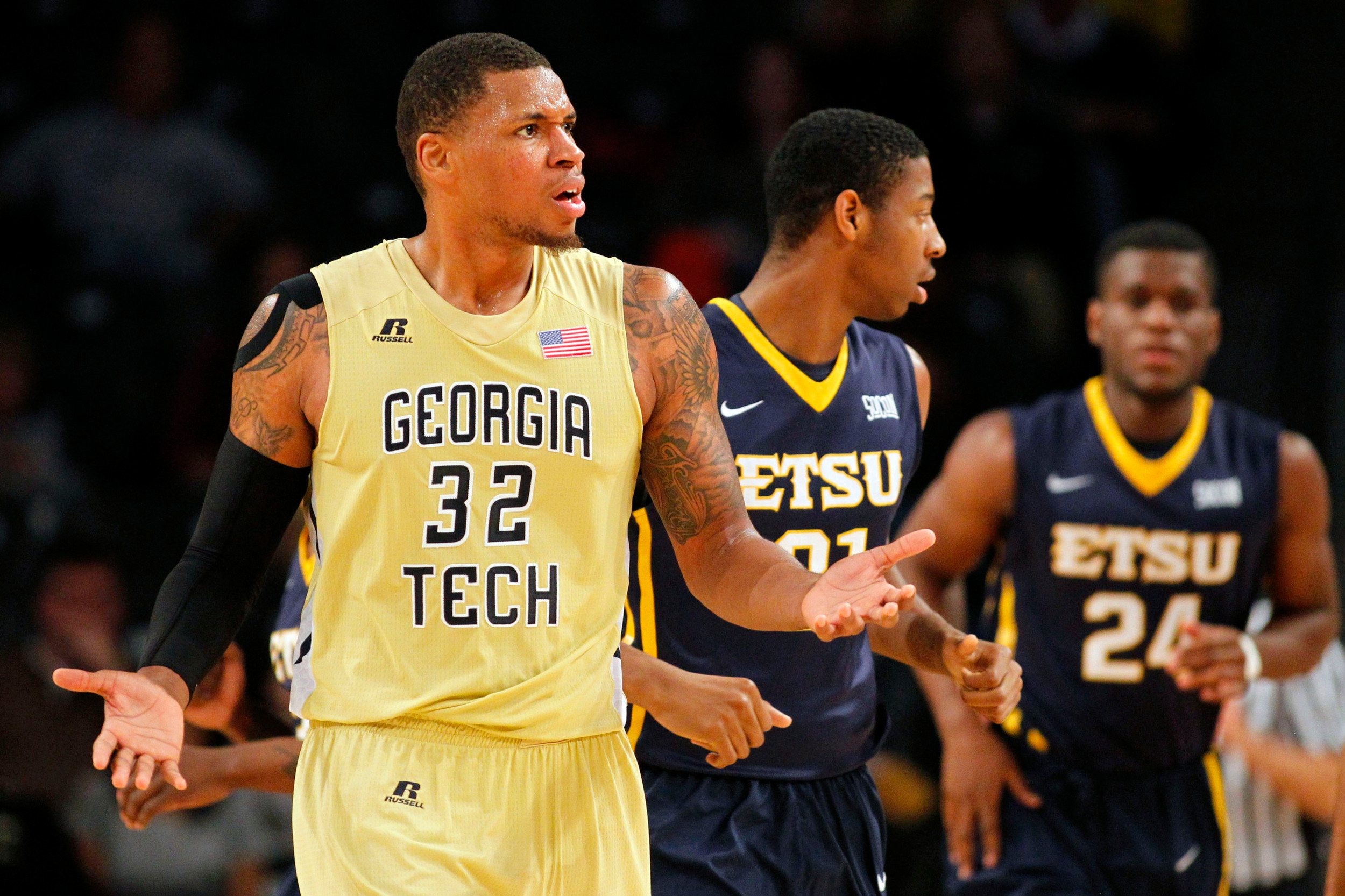 Nov 22, 2015; Atlanta, GA, USA; Georgia Tech Yellow Jackets forward Nick Jacobs (32) shows emotion against the East Tennessee State Buccaneers in the second half at McCamish Pavilion. East Tennessee State defeated Georgia Tech 69-68. Mandatory Credit: Brett Davis-USA TODAY Sports