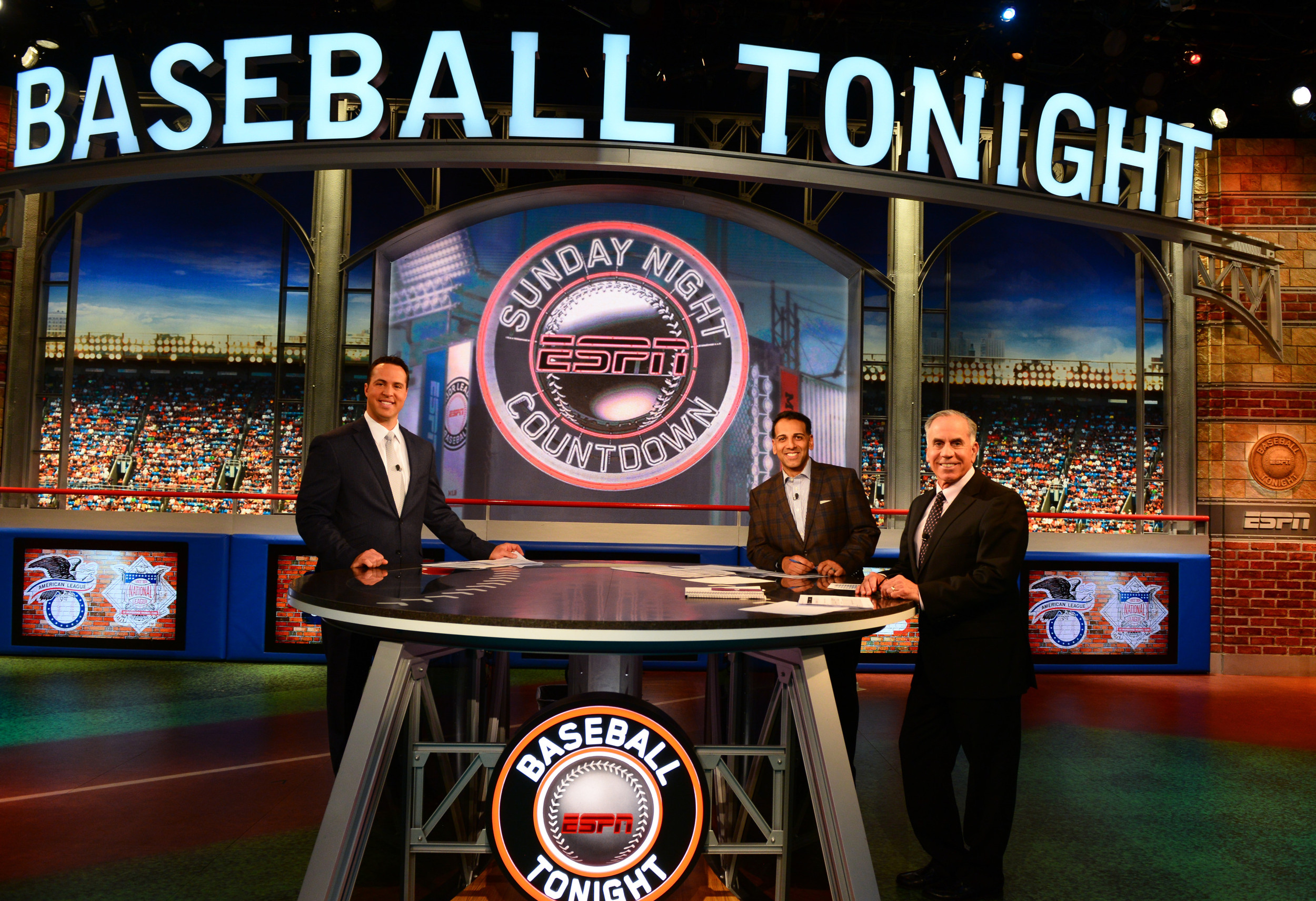 Bristol, CT - April 9, 2017 - Studio A: Mark Teixeira (l), Adnan Virk and Tim Kurkjian on the set of Baseball Tonight
(Photo by Melissa Rawlins / ESPN Images)