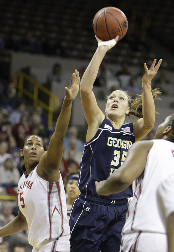 Georgia Tech's Brigitte Ardossi (35) shoots over Oklahoma's Ashley Paris, left, during the first half.