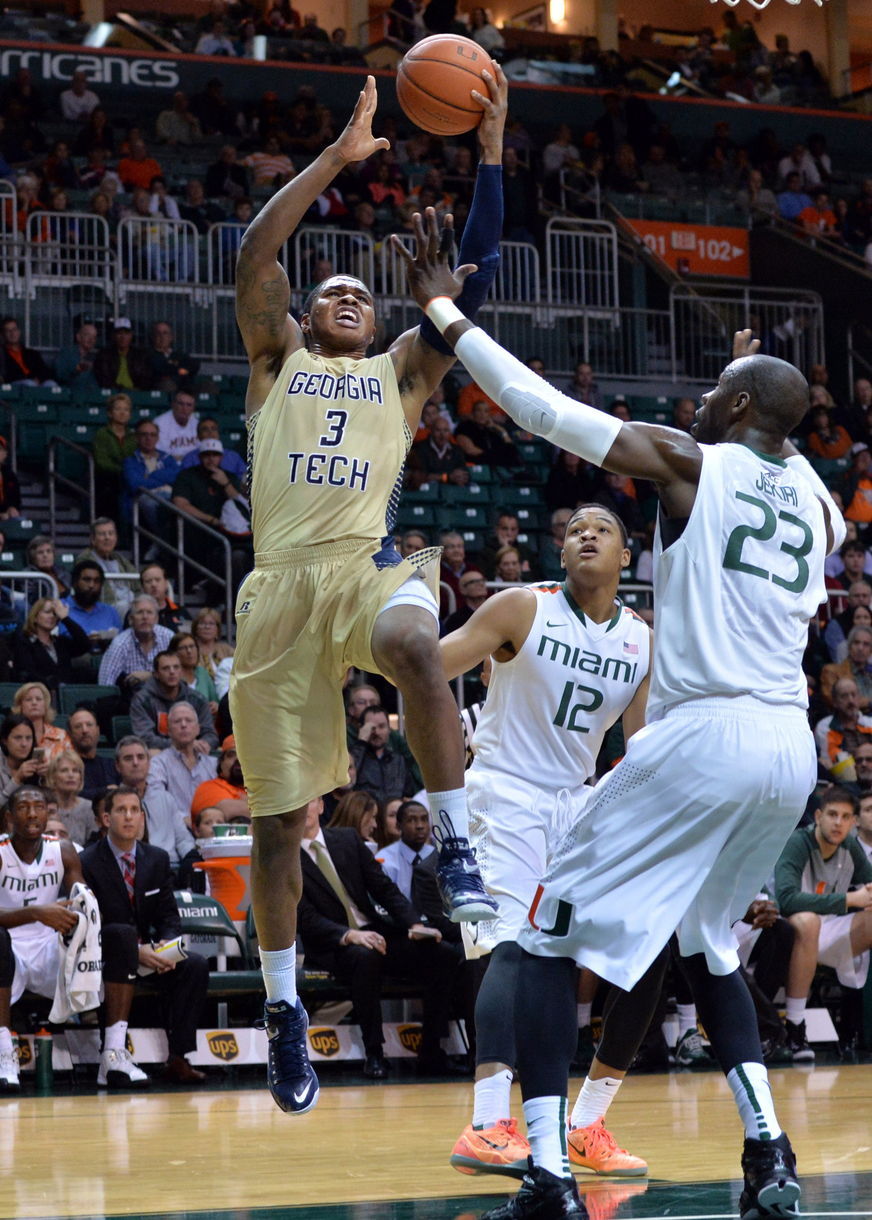 Georgia Tech Yellow Jackets forward Marcus Georges-Hunt (3) is fouled by Miami Hurricanes center Tonye Jekiri (23) Steve Mitchell-USA TODAY Sports