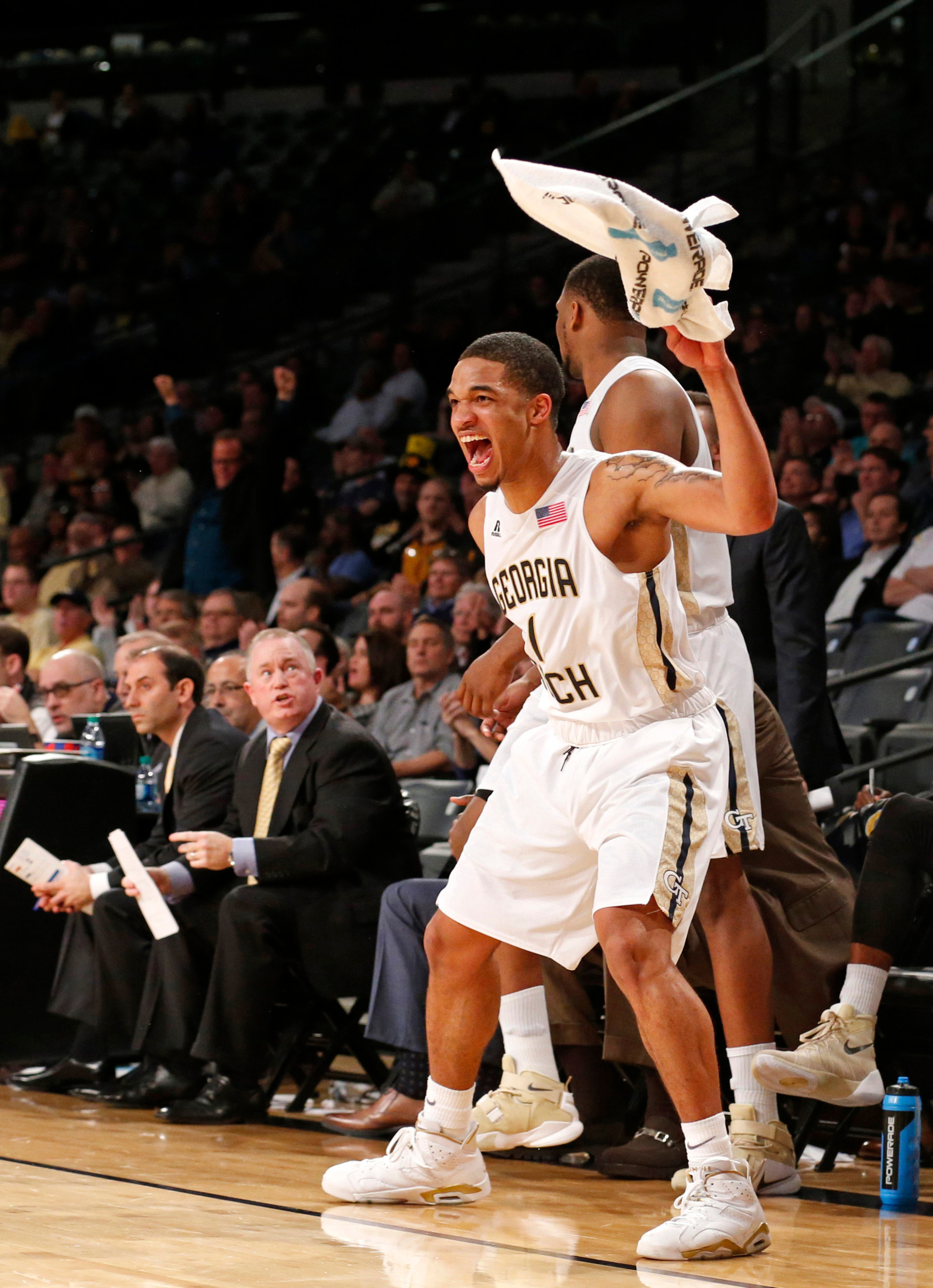 Georgia Tech guard Tadric Jackson celebrates from the bench after a play in the second half of their game against the VCU Rams at McCamish Pavilion. Credit: Jason Getz-USA TODAY Sports