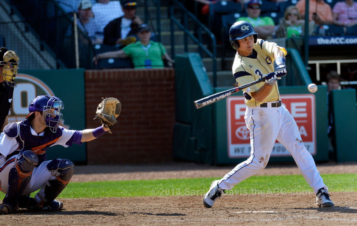 Georgia Tech infielder Mott Hyde (3) hits his home run over Clemson during game ten of the 2014 ACC Baseball Tournament in Greensboro, N.C., May 23, 2014. (Photo by Sara D. Davis, theACC.com)