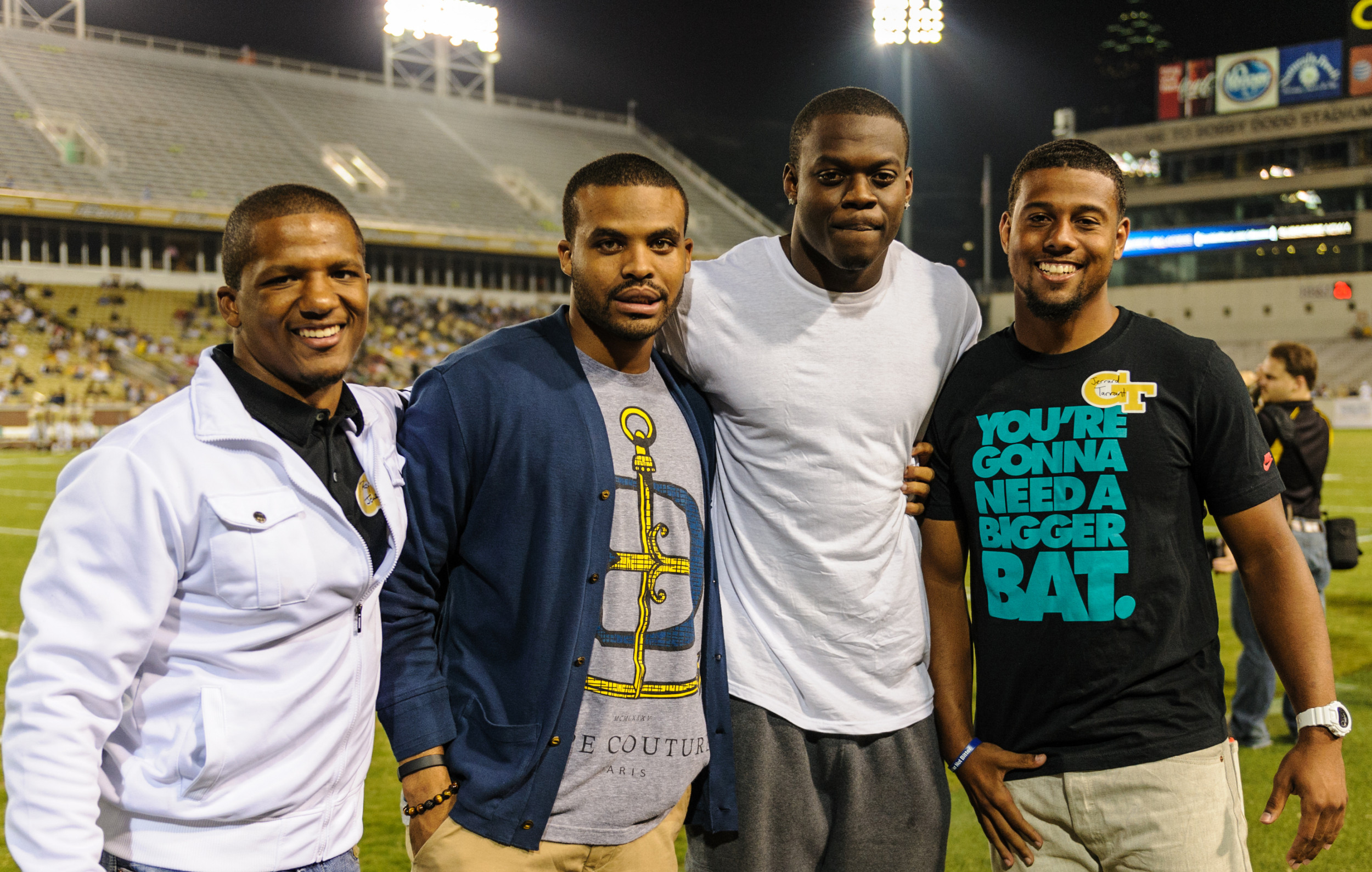 Former players Roddy Jones, Tyler Melton, Stephen Hill, and Jerrard Tarrant take in the Spring Game.
