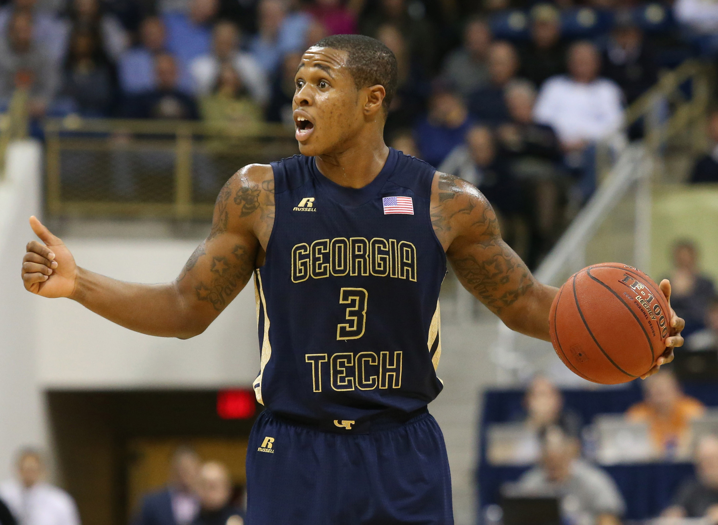 Jan 6, 2016; Pittsburgh, PA, USA; Georgia Tech Yellow Jackets guard Marcus Georges-Hunt (3) reacts as he brings the ball up court. Credit: Charles LeClaire-USA TODAY Sports