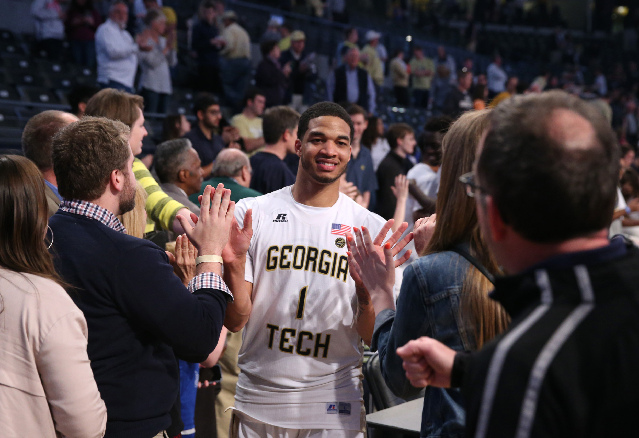 Mar 3, 2018; Atlanta, GA, USA; Georgia Tech Yellow Jackets guard Tadric Jackson (1) celebrates with fans after their win against the Wake Forest Demon Deacons at McCamish Pavilion. Mandatory Credit: Jason Getz-USA TODAY Sports