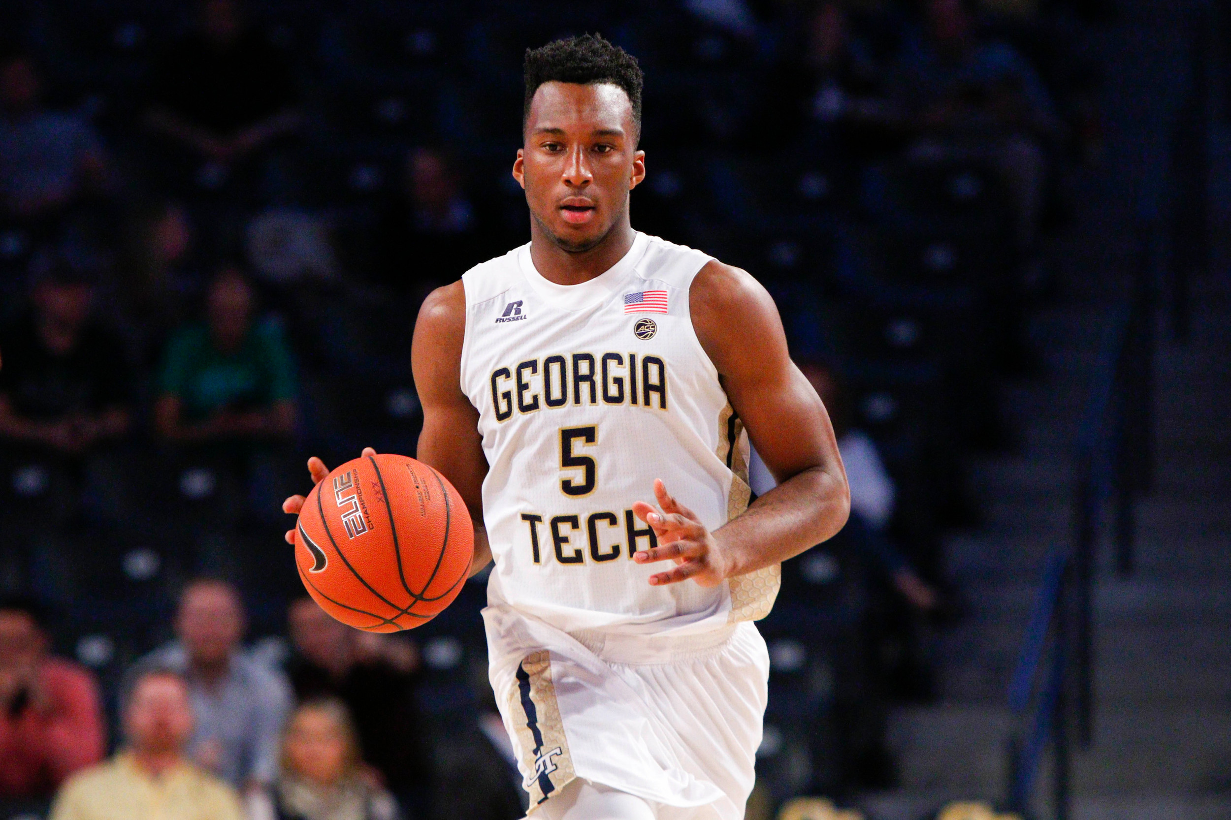 Yellow Jackets guard Josh Okogie (5) dribbles. Brett Davis-USA TODAY Sports
