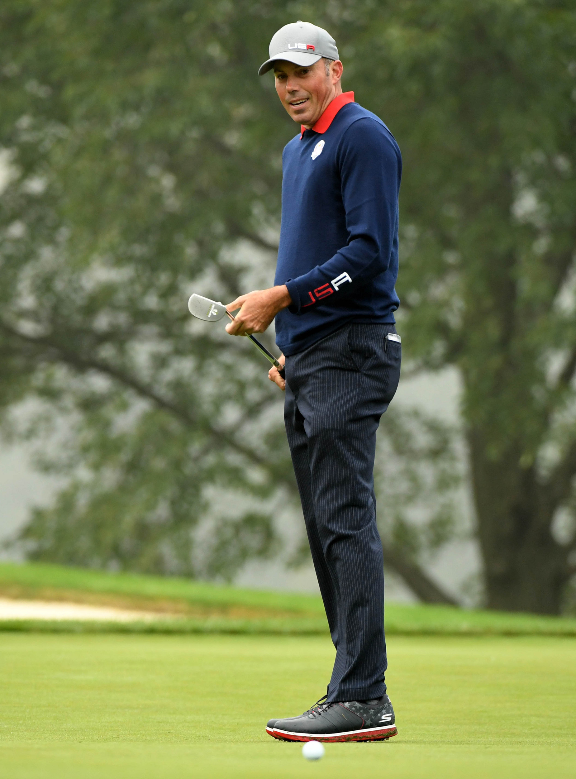 Matt Kuchar reacts to a putt during the 41st Ryder Cup at Hazeltine National Golf Club. Credit: John David Mercer-USA TODAY Sports