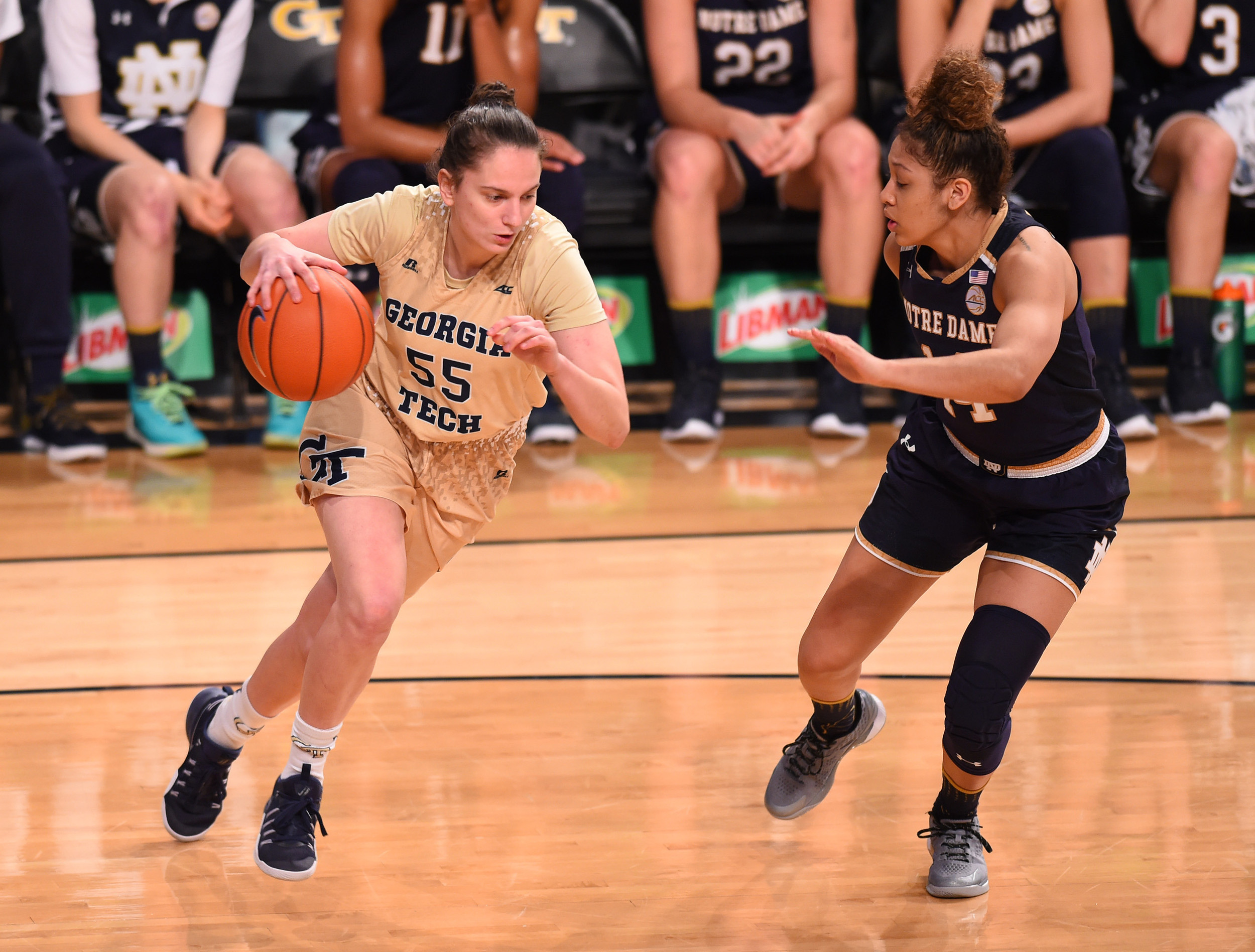 Guard Antonia Peresson drives against Notre Dame Fighting Irish guard Mychal Johnson. Credit: Adam Hagy-USA TODAY Sports