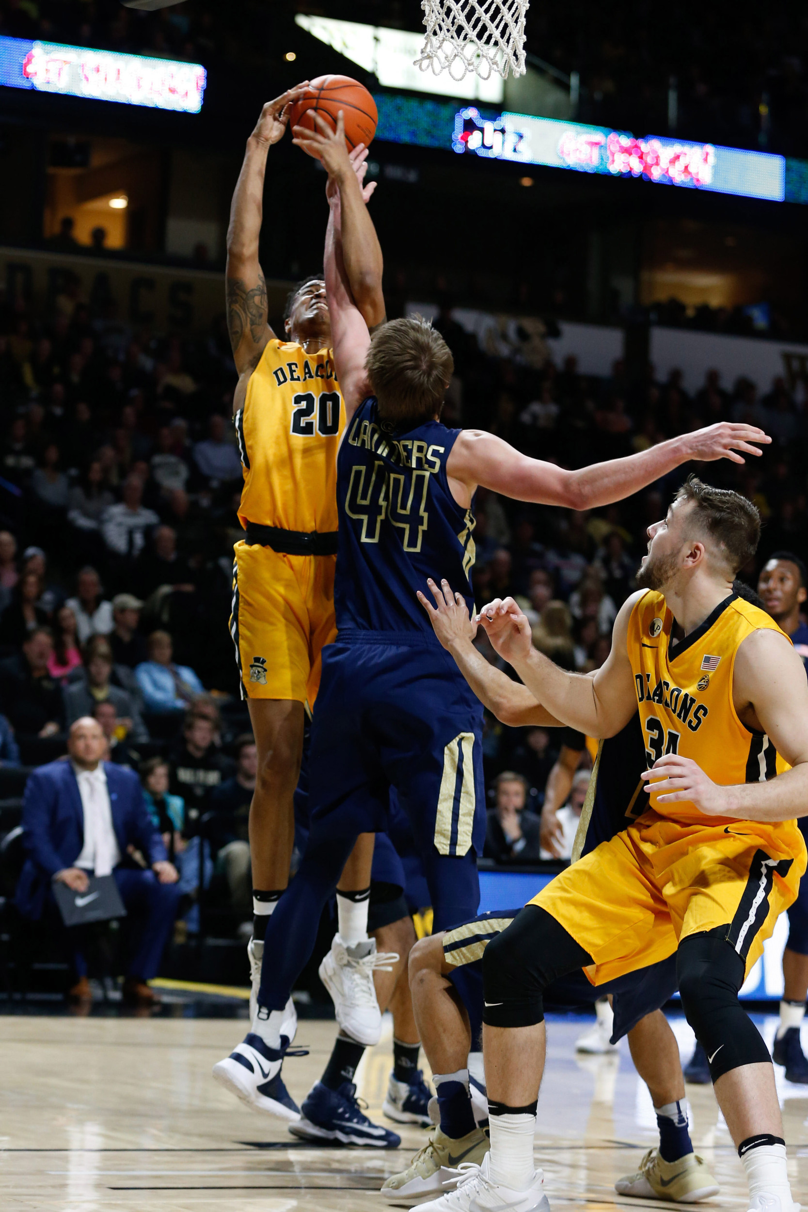 Georgia Tech Yellow Jackets center Ben Lammers (44) blocks the shot of Wake Forest Demon Deacons forward in the first half at Lawrence Joel Veterans Memorial Coliseum. Jeremy Brevard-USA TODAY Sports