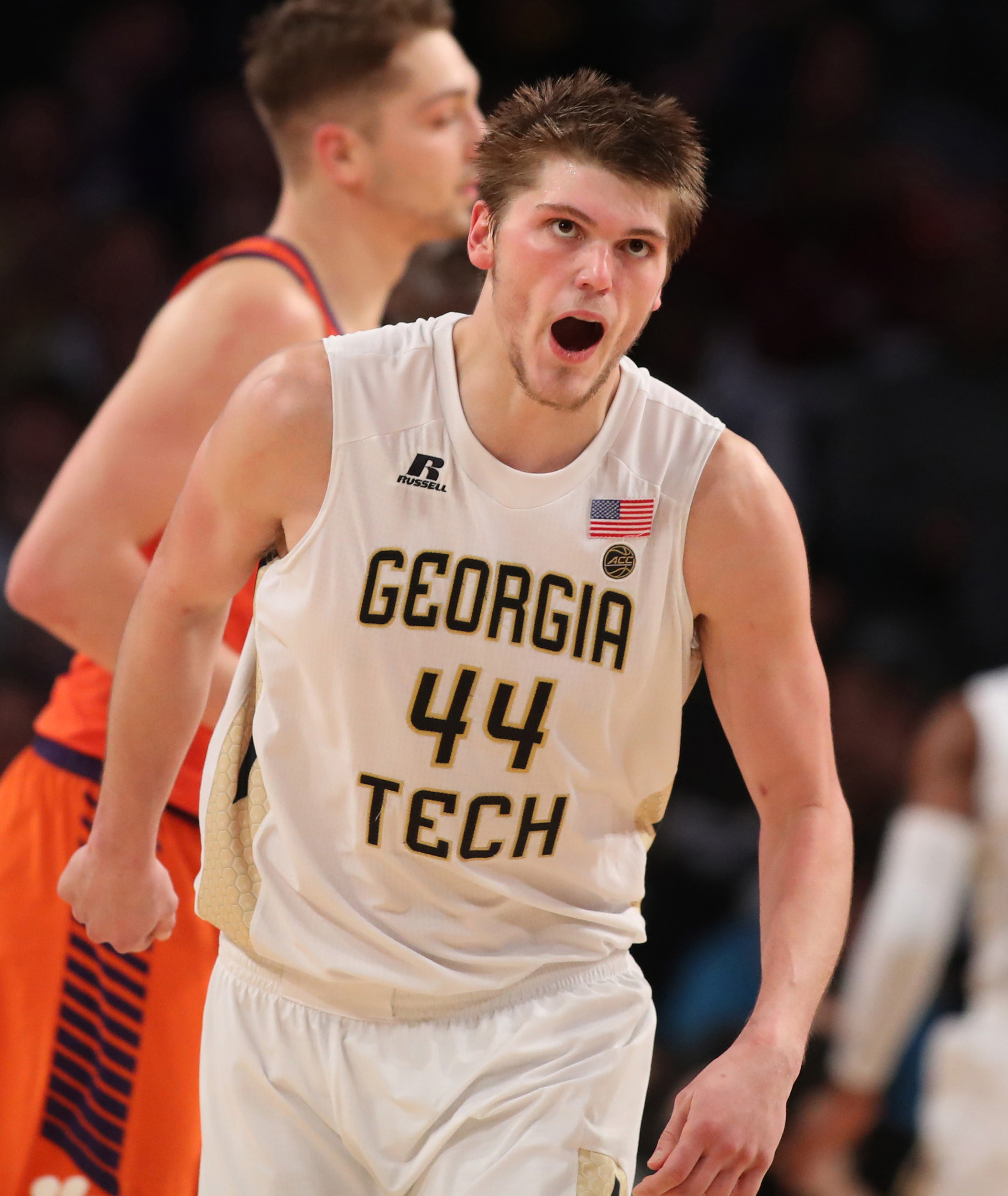 Jan 28, 2018; Atlanta, GA, USA; Georgia Tech Yellow Jackets center Ben Lammers (44) celebrates a basket during the second half against the Clemson Tigers at McCamish Pavilion. Mandatory Credit: Jason Getz-USA TODAY Sports