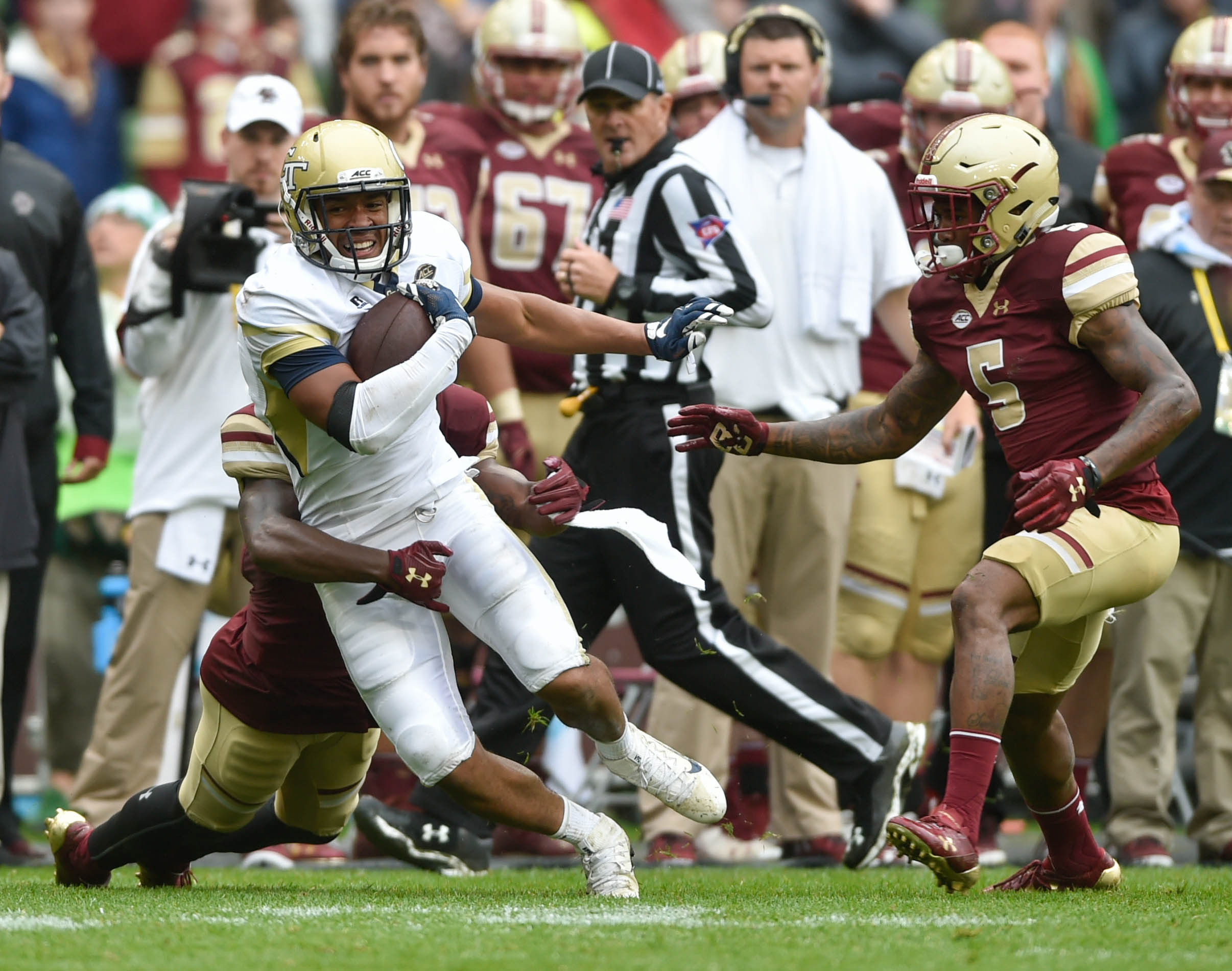Sep 3, 2016; Dublin, IRL; Georgia Tech Yellow Jackets wide receiver Ricky Jeune (2) is tackled during the game against the Boston College Eagles at Aviva Stadium. Mandatory Credit: Steve Flynn-USA TODAY Sports