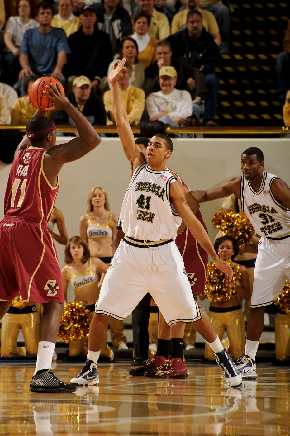 Feb 27, 2010; Atlanta, GA, USA; Georgia Tech Yellow Jackets guard Glen Rice Jr. (41) defends Boston College Eagles forward Corey Raji (11) during the second half at Alexander Memorial Coliseum. Georgia Tech defeated Boston College 73-68.