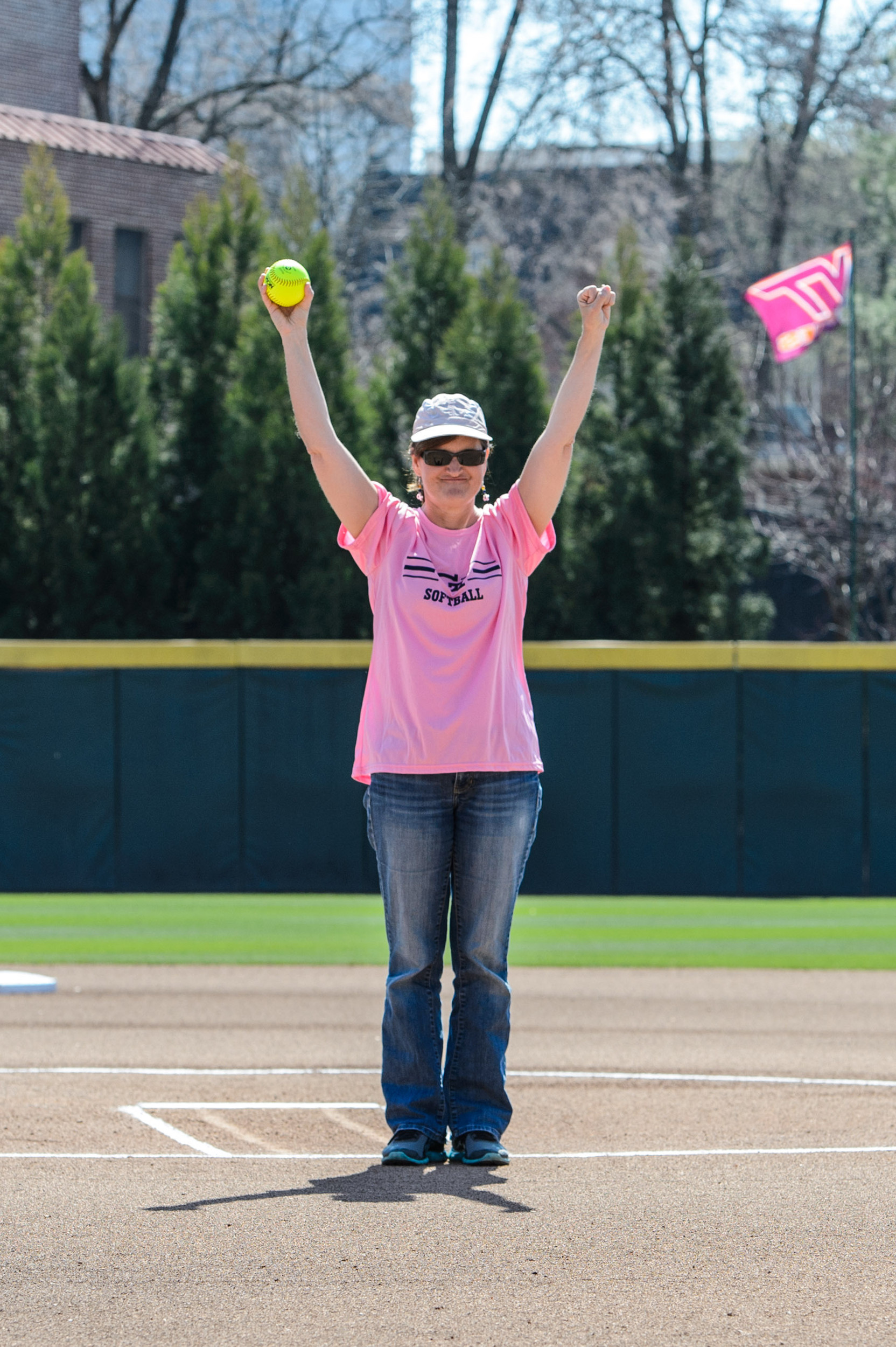 Samantha Pierannunzi's mom Jeannie, a 13-yr. breast cancer survivor, threw out the first pitch.