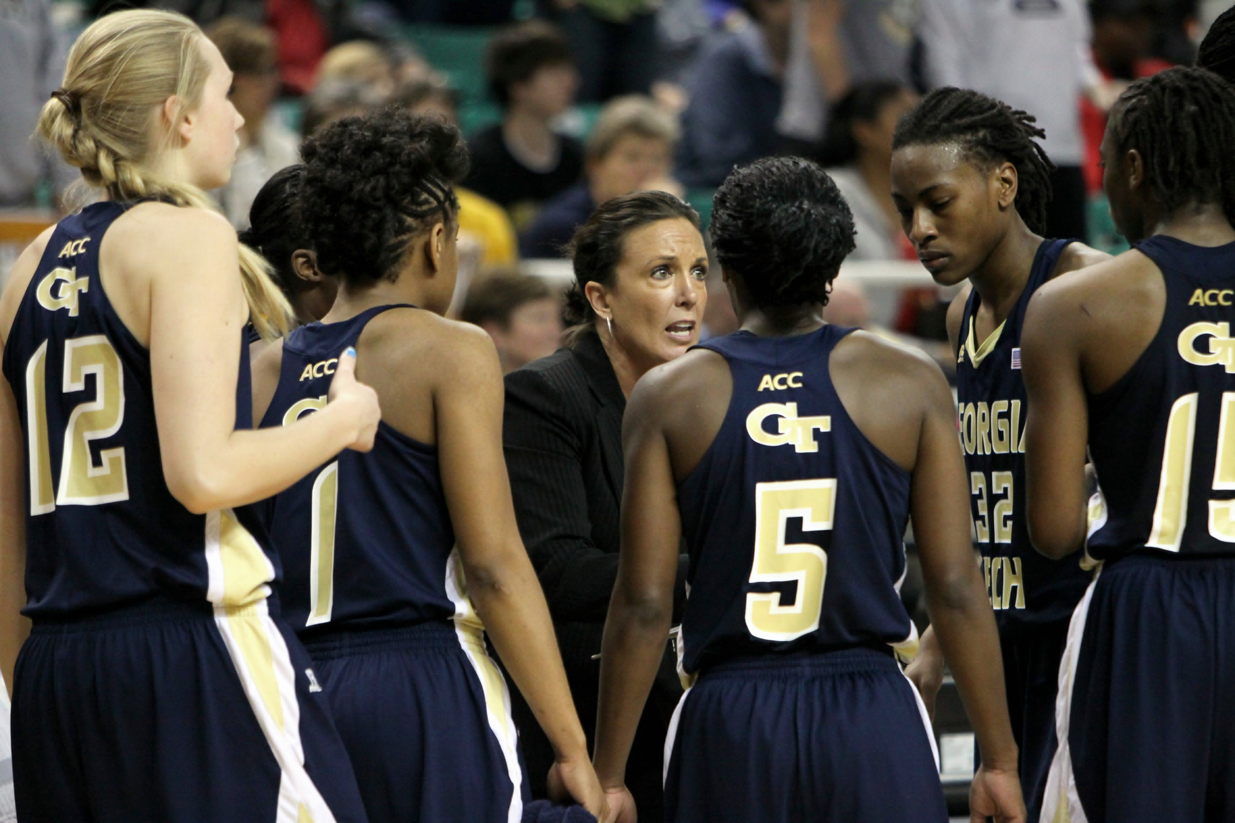 Head Coach MaChelle Joseph talks to the team during the ACC Championship Game against Maryland.