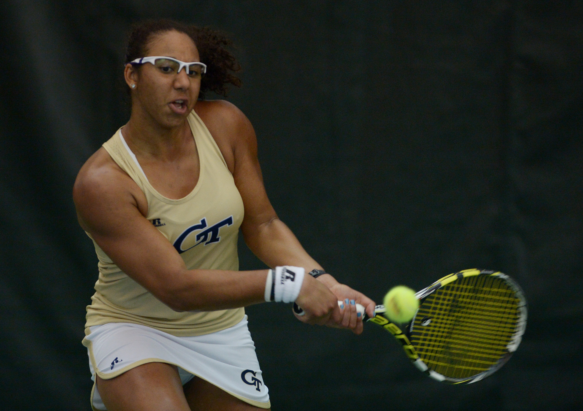 Georgia Tech's Rasheeda McAdoo returns the ball against Florida State during the 2015 ACC Women's Tennis Tournament in Chapel Hill, N.C., April. 25, 2015. (Photo by Sam Roberts, theACC.com)