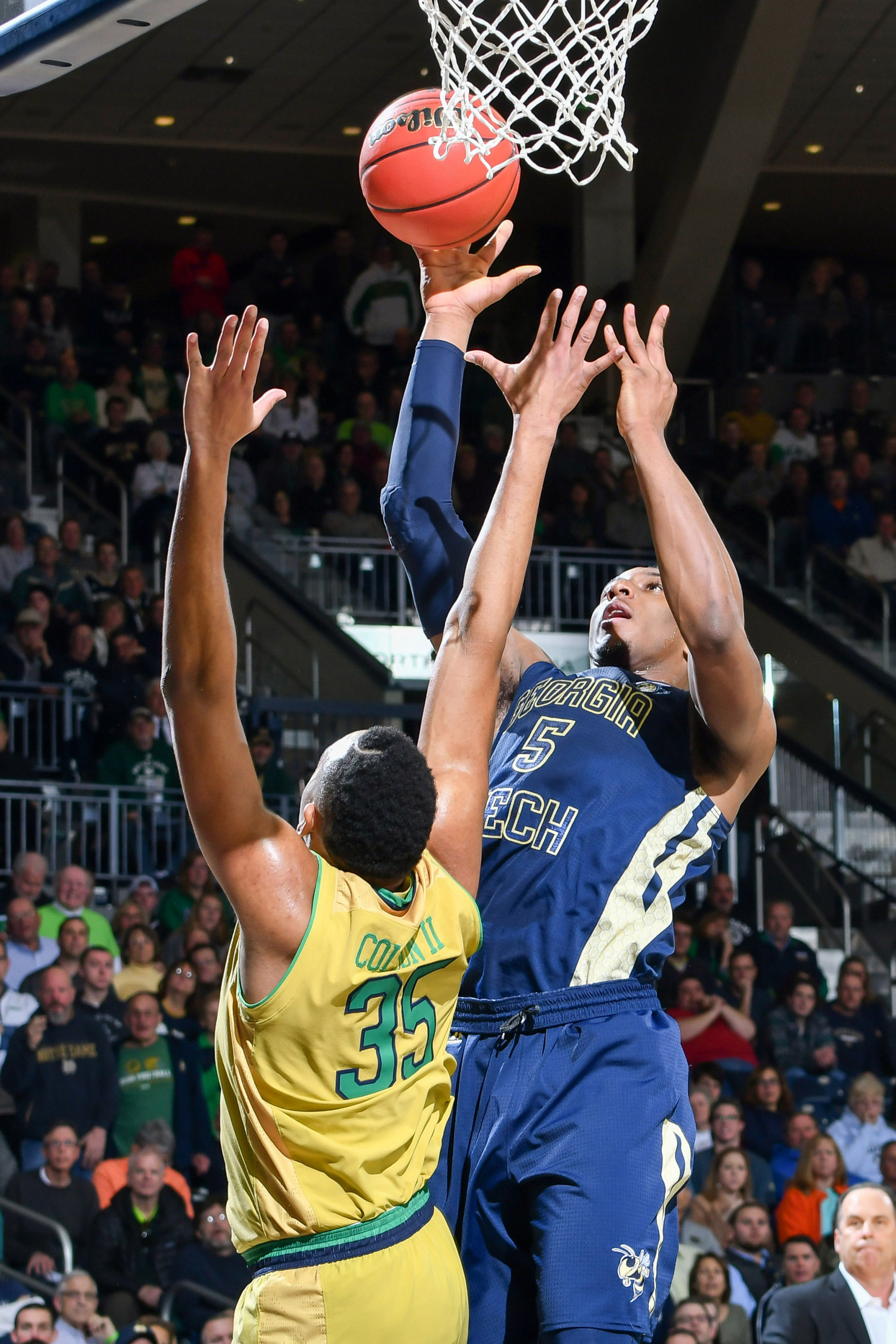 Georgia Tech Yellow Jackets guard Josh Okogie (5) shoots as Notre Dame Fighting Irish forward Bonzie Colson (35) defends in the first half at the Purcell Pavilion. (Matt Cashore-USA TODAY Sports)