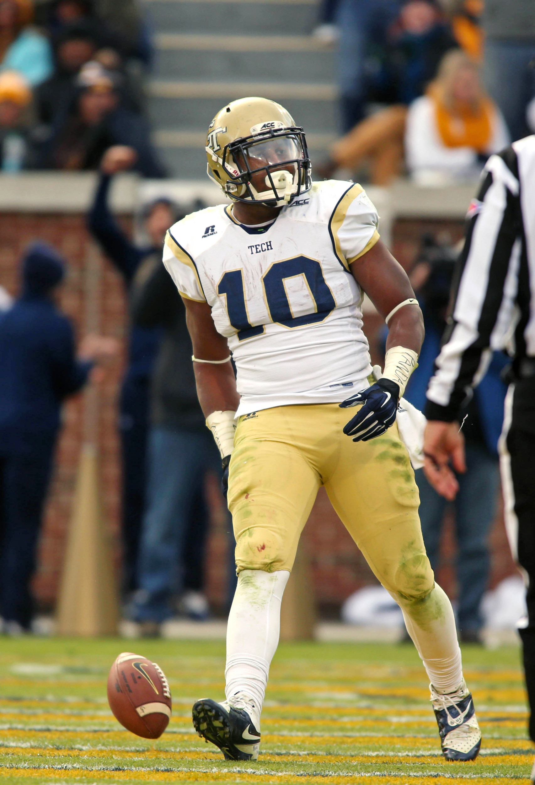 Georgia Tech Yellow Jackets running back Synjyn Days (10) celebrates scoring a rushing touchdown in the third quarter of their game against the Virginia Cavaliers at Bobby Dodd Stadium. Georgia Tech won 35-10. Jason Getz-USA TODAY Sports