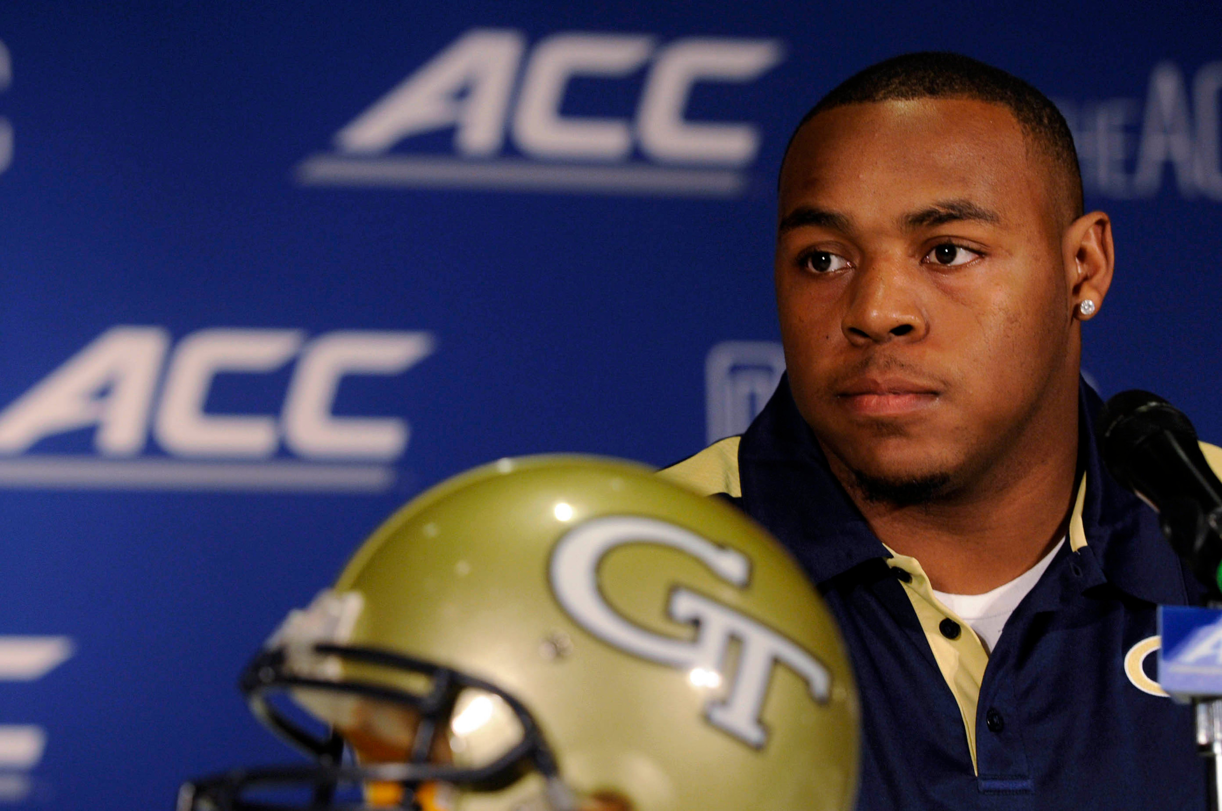 Jul 20, 2014; Greensboro, NC, USA; Georgia Tech Yellow Jackets offensive guard Shaquille Mason addresses the media during the ACC football media day at the Grandover Resort. Mandatory Credit: Sam Sharpe-USA TODAY Sports