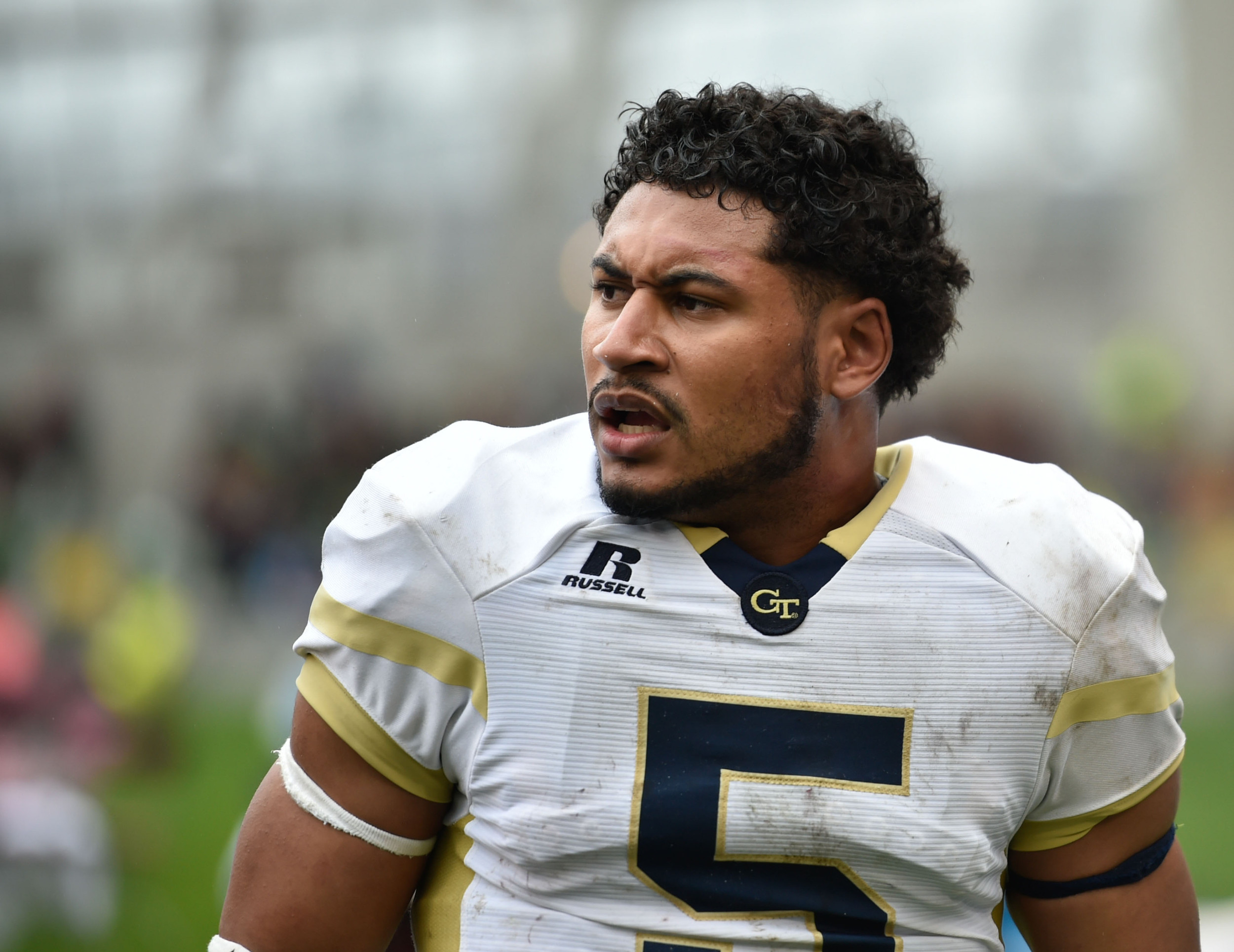 Sep 3, 2016; Dublin, IRL; Georgia Tech Yellow Jackets quarterback Justin Thomas (5) celebrates the winning touchdown in the final seconds of the fourth quarter of the game between the Boston College Eagles and the Georgia Tech Yellow Jackets at Aviva Stadium. Mandatory Credit: Steve Flynn-USA TODAY Sports