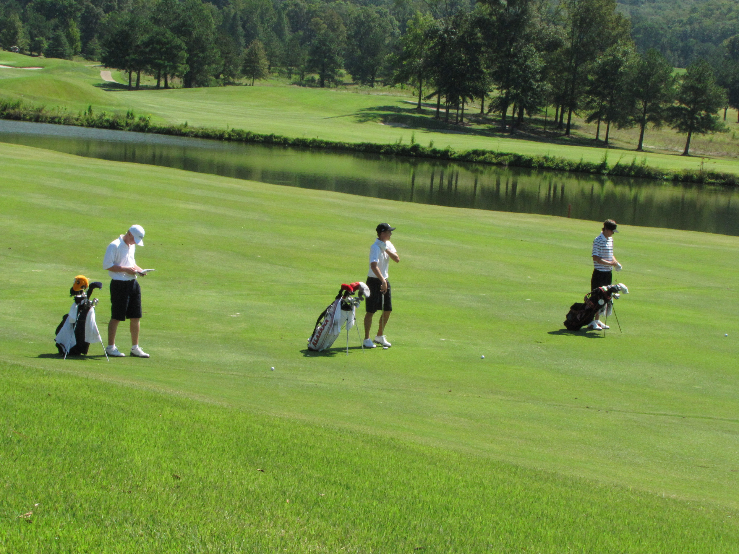 Anders Albertson (left) and his playing partners lineup their approach shots during round 2 of the Carpet Capital Collegiate - September 10, 2011
