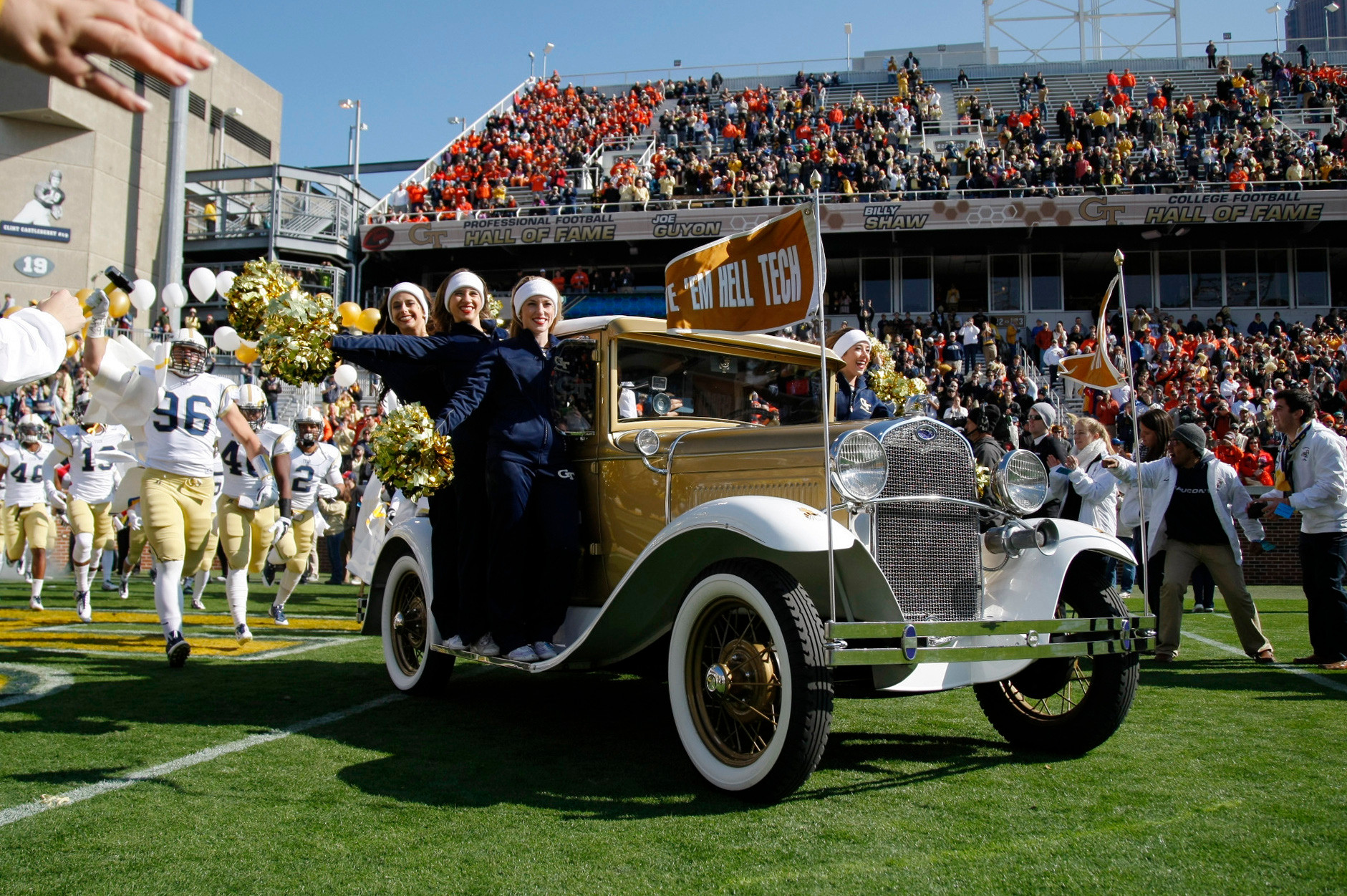 Georgia Tech Yellow Jackets mascot the Ramblin Wreck leads the team the field prior to the game against the Clemson Tigers at Bobby Dodd Stadium. (Brett Davis-USA TODAY Sports)