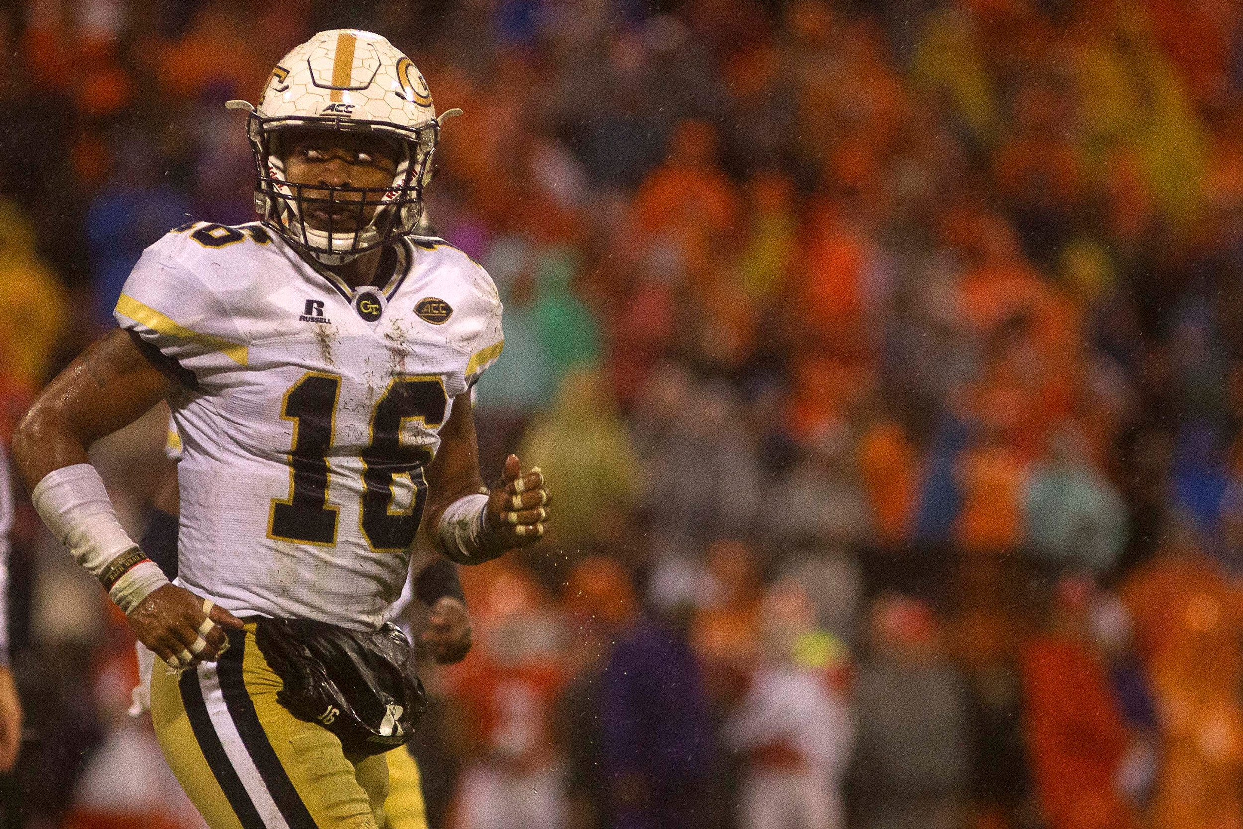 Oct 28, 2017; Clemson, SC, USA; Georgia Tech Yellow Jackets quarterback TaQuon Marshall (16) walks off the field during the first half against the Clemson Tigers at Clemson Memorial Stadium. Mandatory Credit: Joshua S. Kelly-USA TODAY Sports