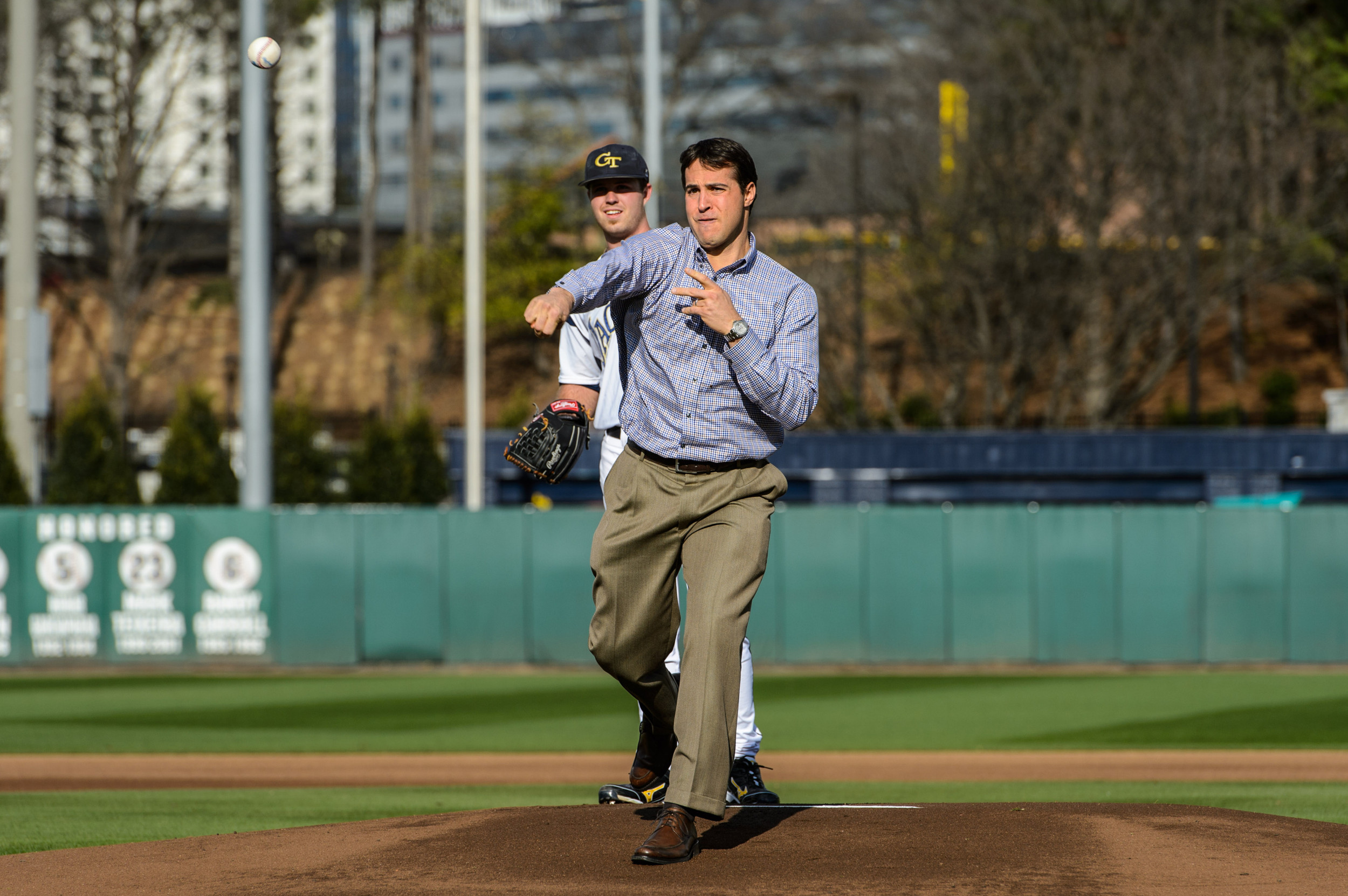 Yellow Jacket Hall of Famer Mark Teixeira throws a strike with a ceremonial first pitch to open the 116th season of Tech Baseball