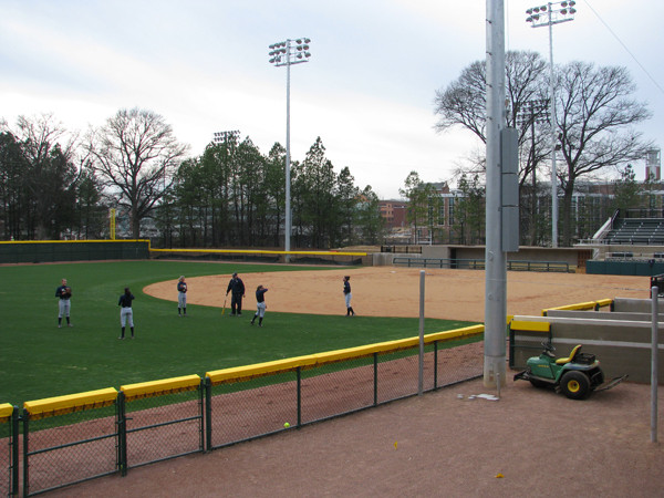 Softball team practices in its new stadium for the first time.