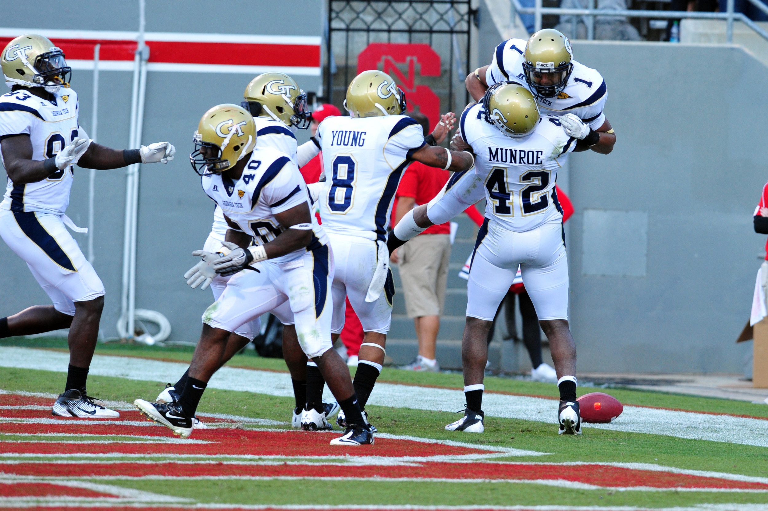 Georgia Tech at NCSUOctober 1, 2011Georgia Tech safety Isaiah Johnson celebrates his pick six with teammatesPhoto by LensEffects