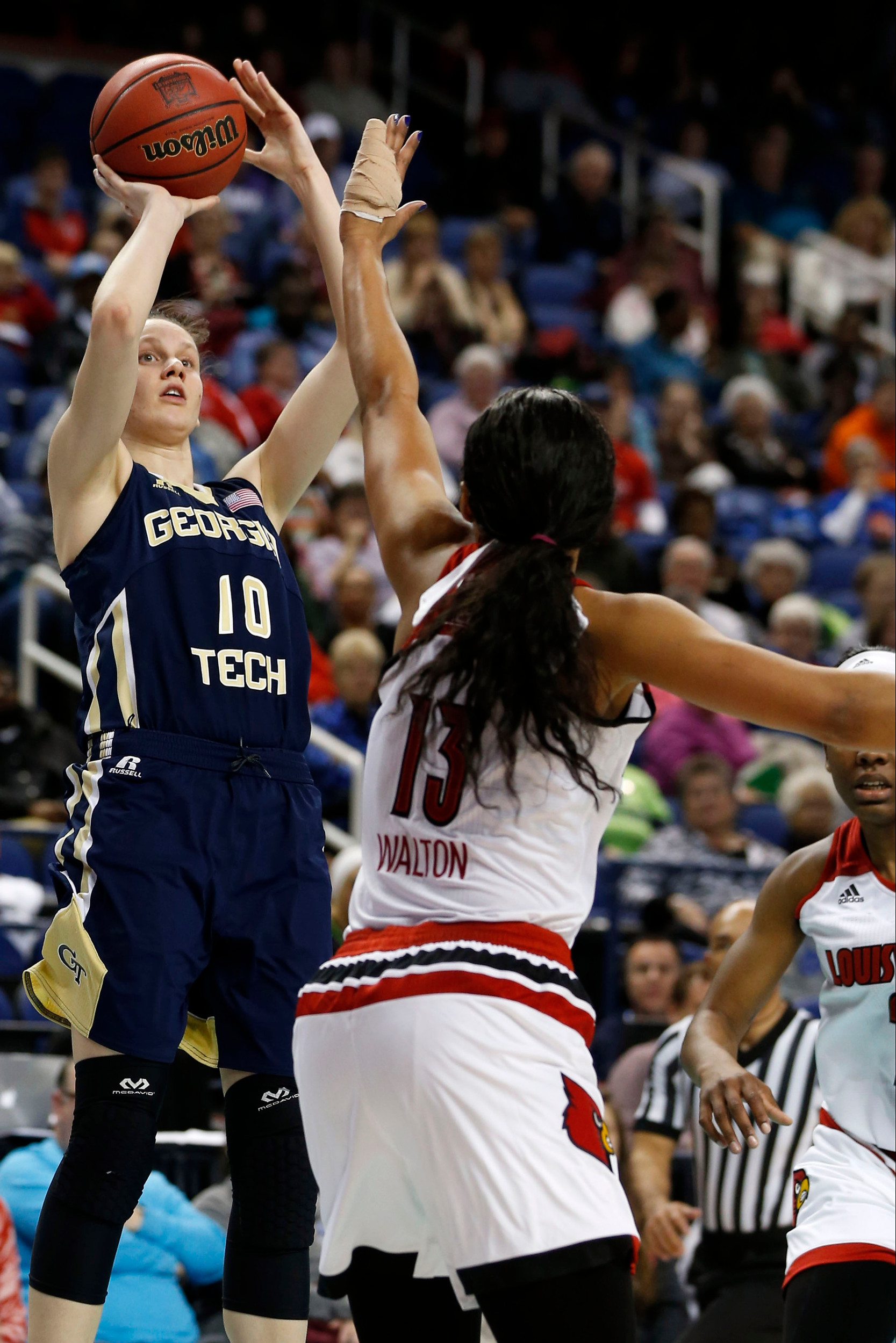Yellow Jackets forward Katarina Vuckovic takes an outside shot against the Louisville Cardinals during the first half in the ACC Conference Tournament at Greensboro Coliseum Complex. Credit: Jim Dedmon-USA TODAY Sports