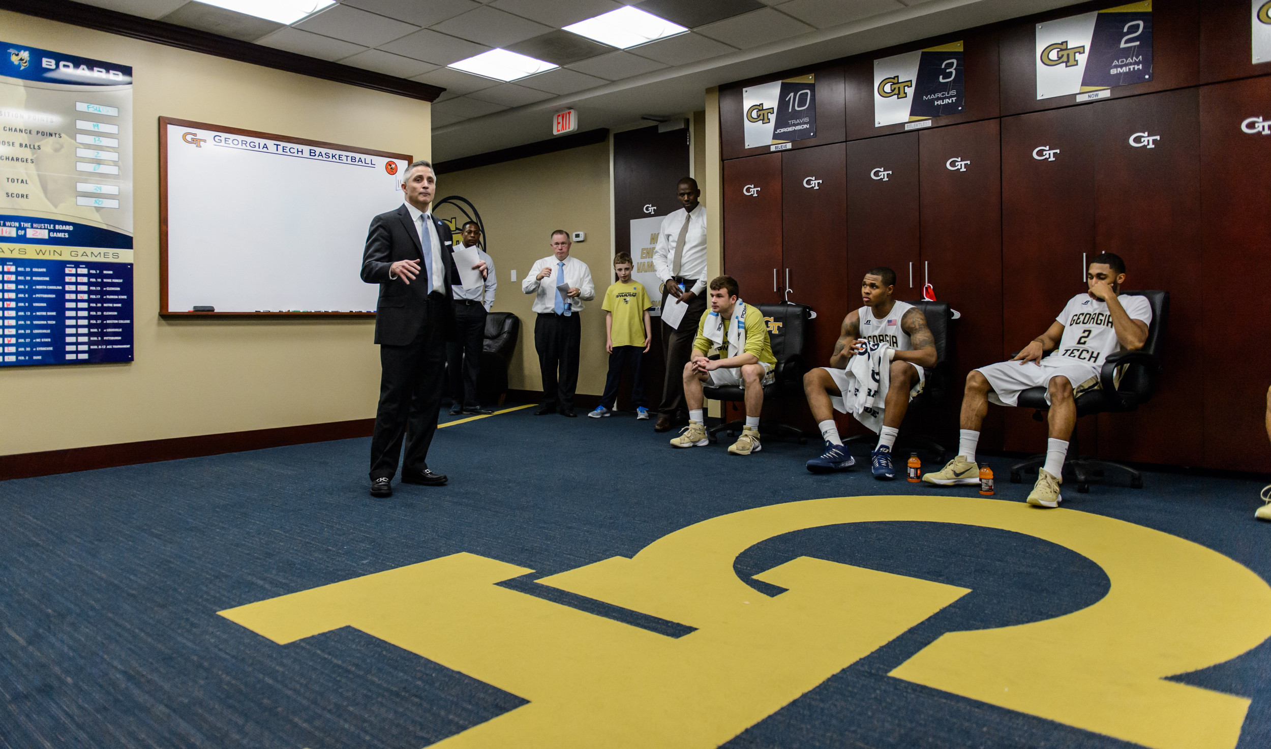 Coach Gregory talks to the team after the win