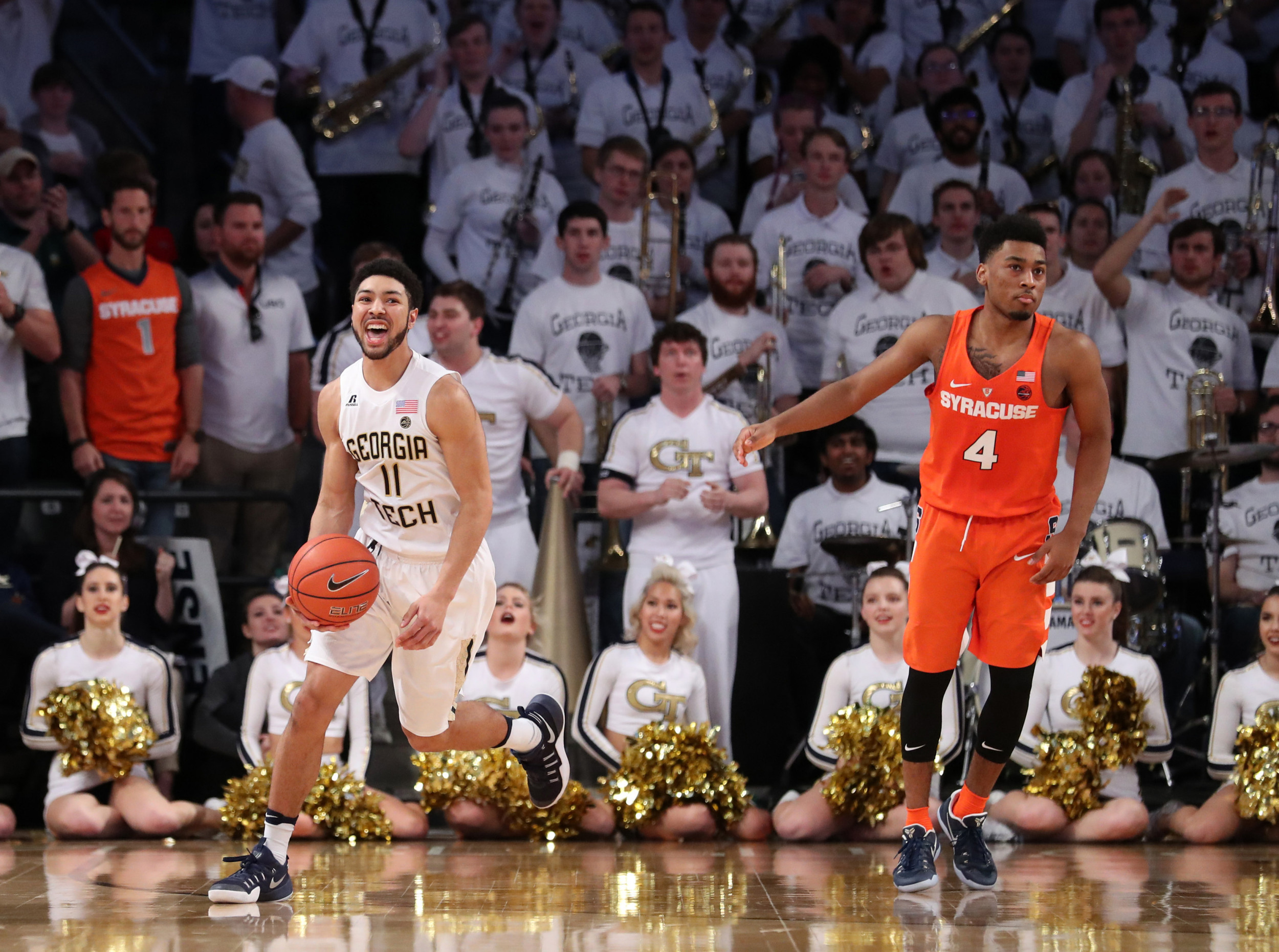 Georgia Tech Yellow Jackets guard Josh Heath (11) reacts after a play against Syracuse Orange guard John Gillon (4) in the second half of their game at McCamish Pavilion. The Yellow Jackets won 71-65. (Jason Getz-USA TODAY Sports)